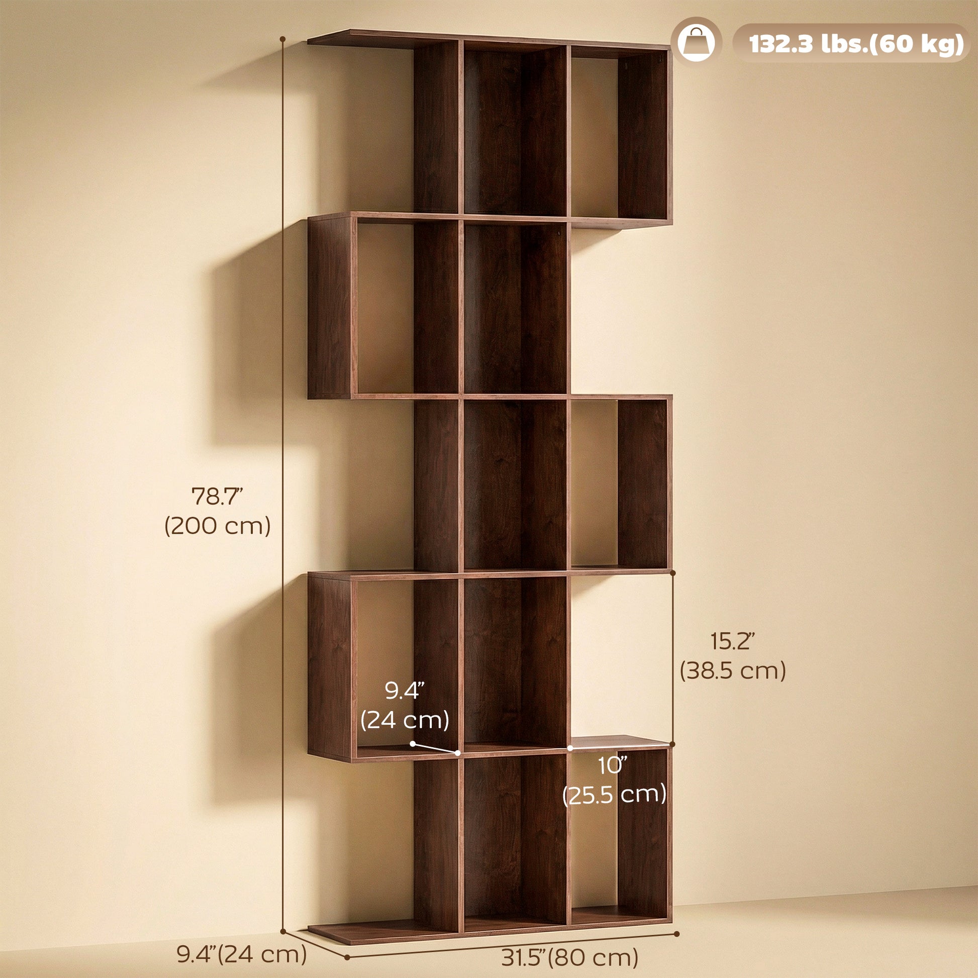 5-Tier Bookshelf, S Shaped Geometric Bookcase with 15 Compartments, Brown Wood Grain-Home Furnishings > Storage & Organization > Bookshelves & Bookcases > Display Bookshelves-DECOROLALA
