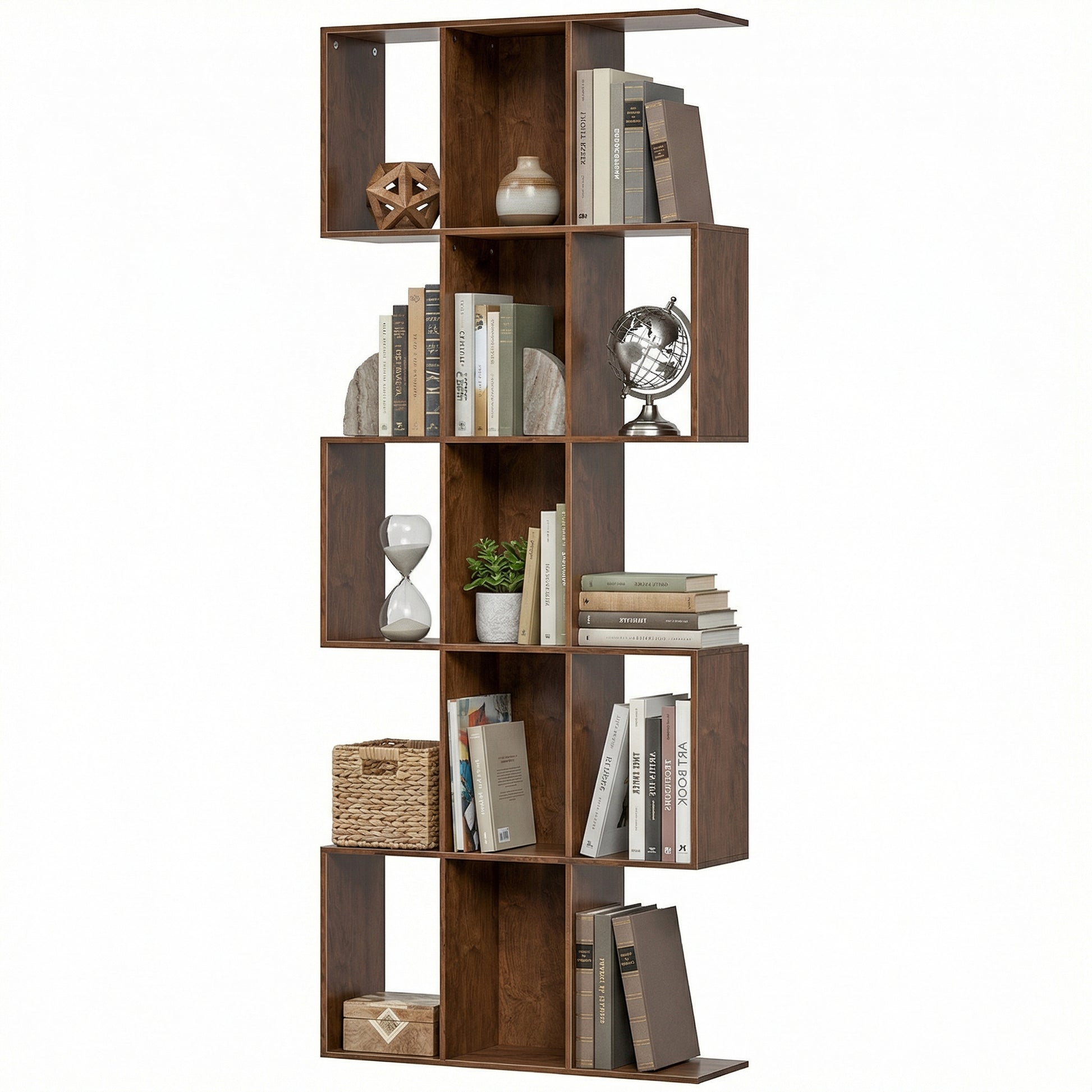 5-Tier Bookshelf, S Shaped Geometric Bookcase with 15 Compartments, Brown Wood Grain-Home Furnishings > Storage & Organization > Bookshelves & Bookcases > Display Bookshelves-DECOROLALA