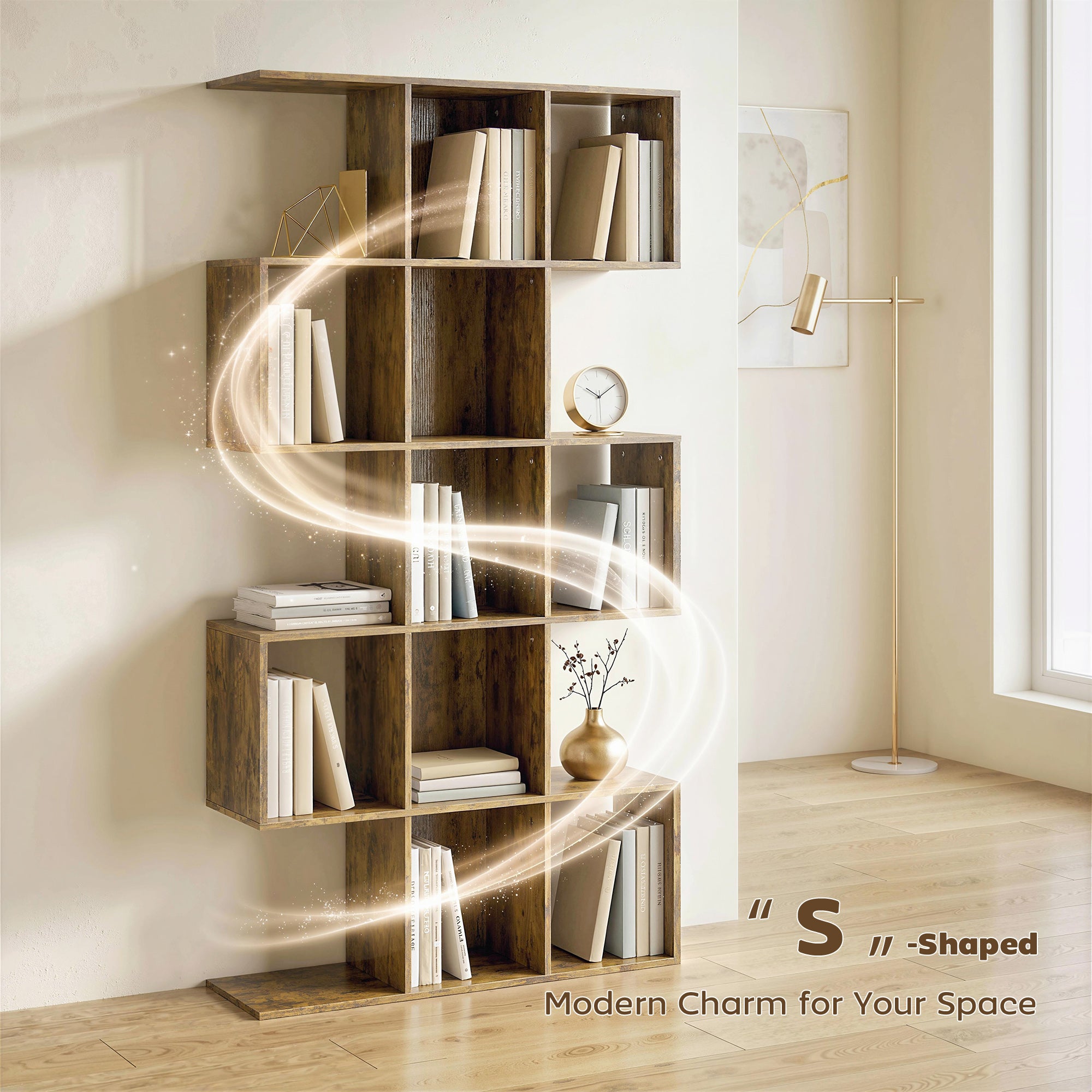 5-Tier Bookshelf, S Shaped Geometric Bookcase with 15 Compartments, Rustic Brown-Home Furnishings > Storage & Organization > Bookshelves & Bookcases > Display Bookshelves-DECOROLALA