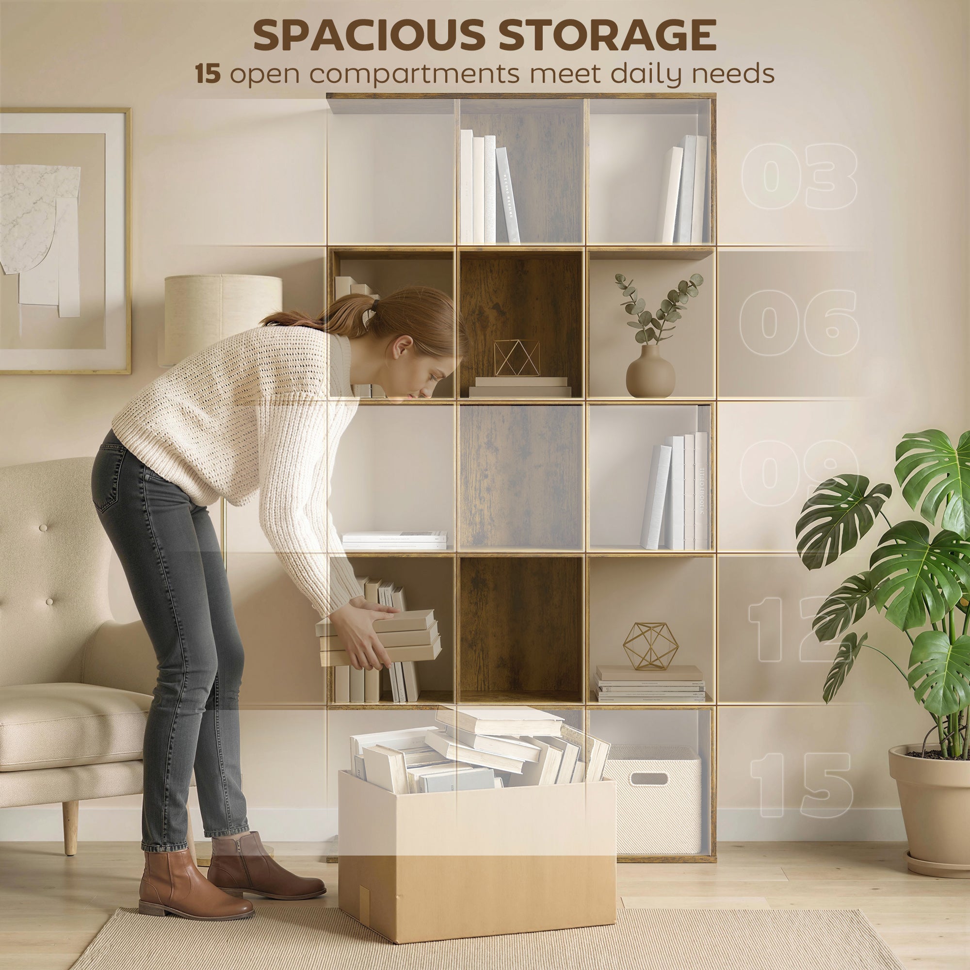 5-Tier Bookshelf, S Shaped Geometric Bookcase with 15 Compartments, Rustic Brown-Home Furnishings > Storage & Organization > Bookshelves & Bookcases > Display Bookshelves-DECOROLALA