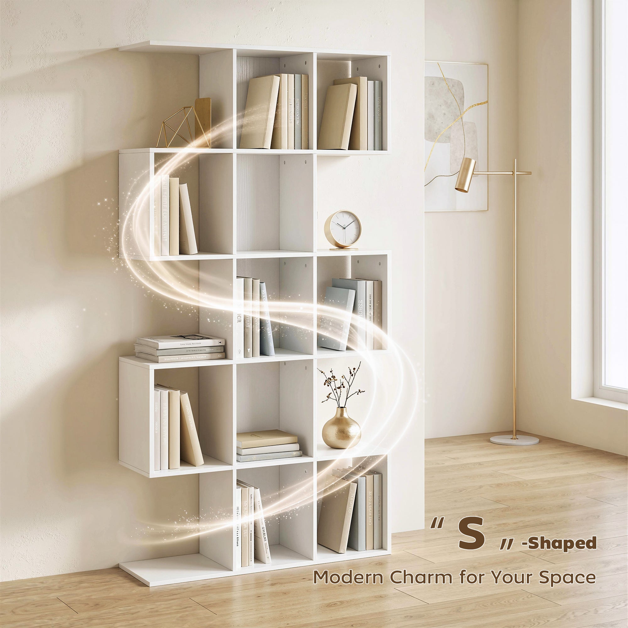 5-Tier Bookshelf, S Shaped Geometric Bookcase with 15 Compartments, White Wood Grain-Home Furnishings > Storage & Organization > Bookshelves & Bookcases > Display Bookshelves-DECOROLALA