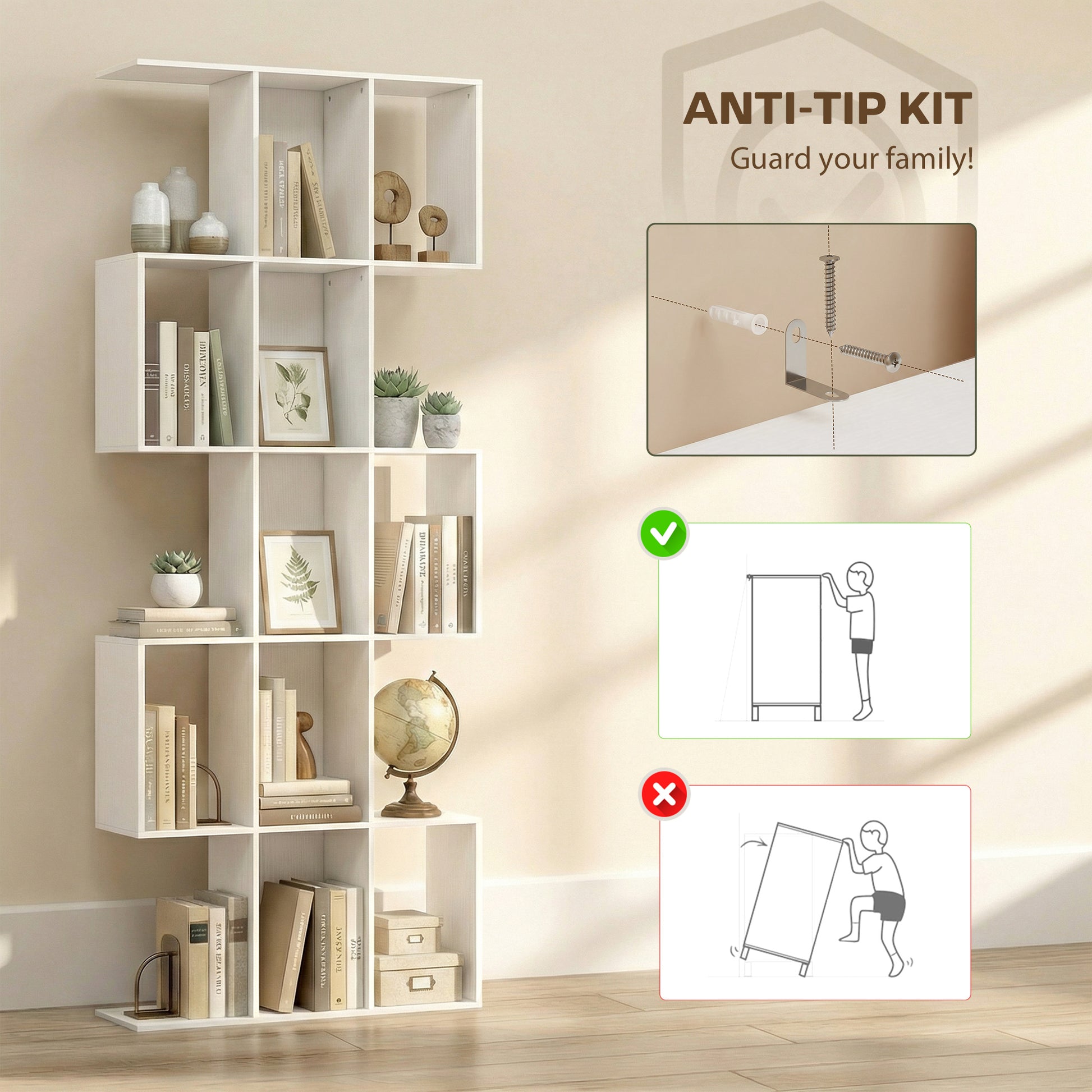 5-Tier Bookshelf, S Shaped Geometric Bookcase with 15 Compartments, White Wood Grain-Home Furnishings > Storage & Organization > Bookshelves & Bookcases > Display Bookshelves-DECOROLALA
