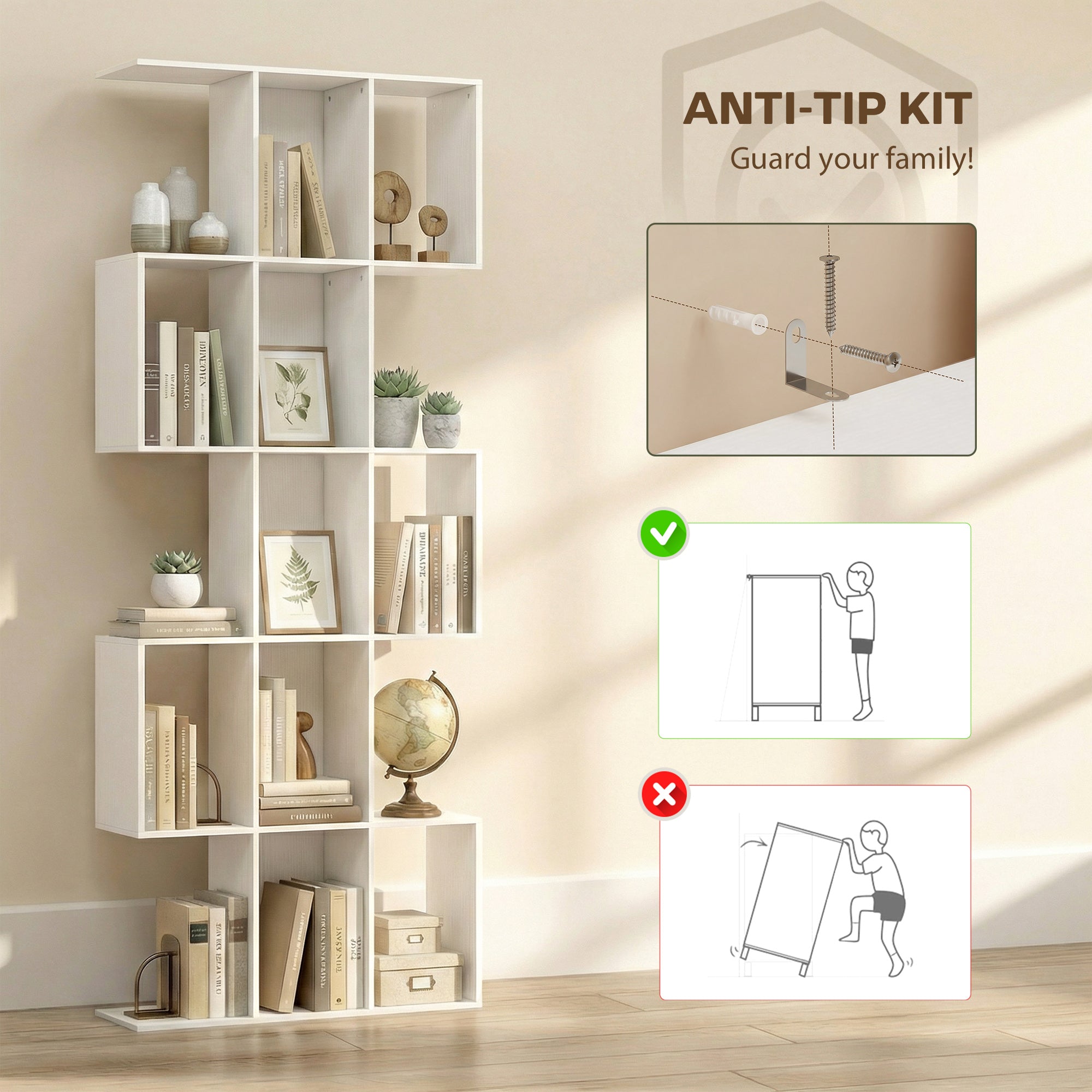 5-Tier Bookshelf, S Shaped Geometric Bookcase with 15 Compartments, White Wood Grain-Home Furnishings > Storage & Organization > Bookshelves & Bookcases > Display Bookshelves-DECOROLALA