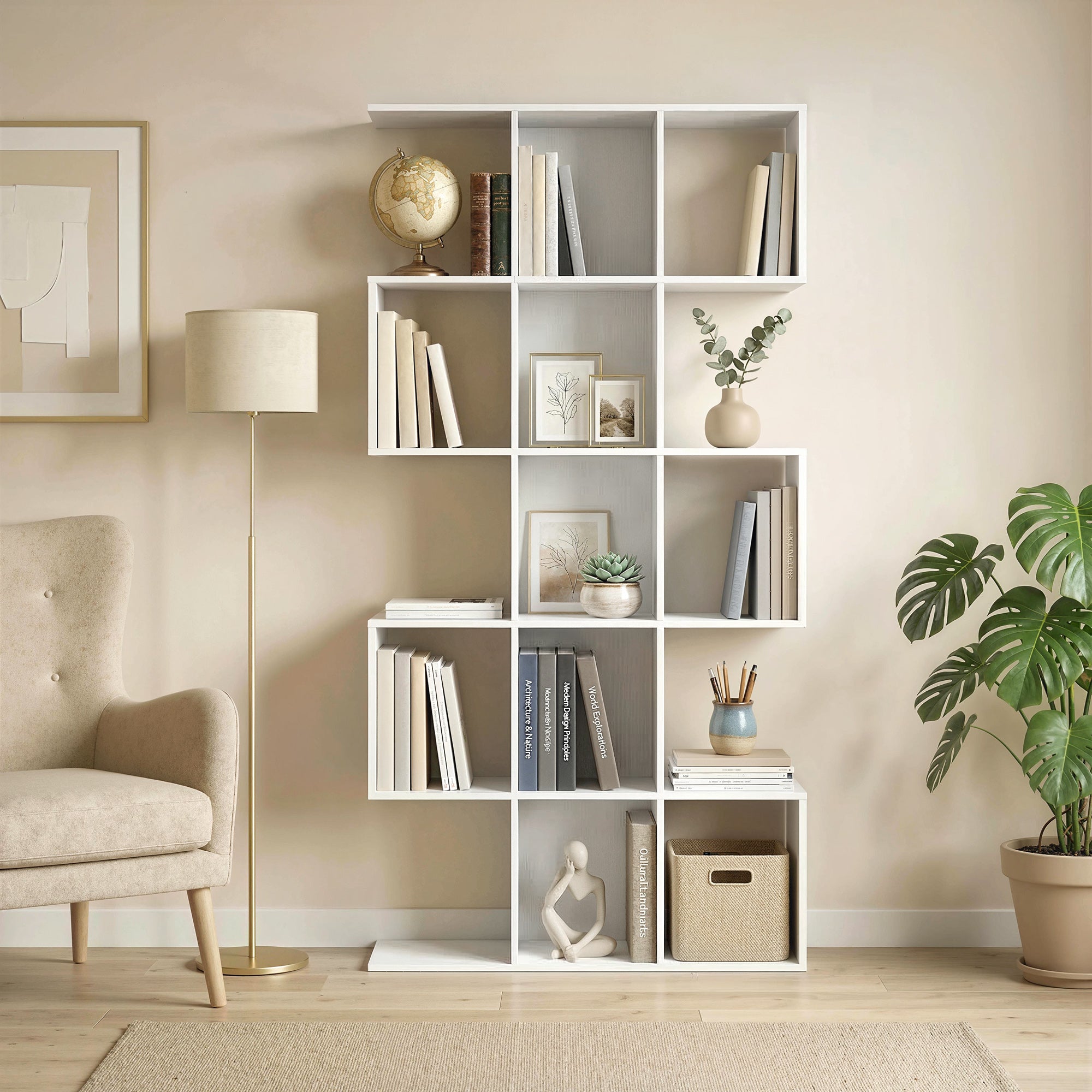 5-Tier Bookshelf, S Shaped Geometric Bookcase with 15 Compartments, White Wood Grain-Home Furnishings > Storage & Organization > Bookshelves & Bookcases > Display Bookshelves-DECOROLALA