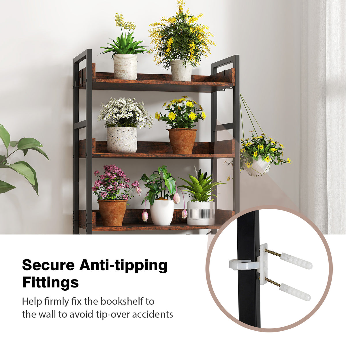 5-Tier Bookshelf with 4 Hooks Industrial Storage Bookcase-Rustic Brown-Bookcases-DECOROLALA