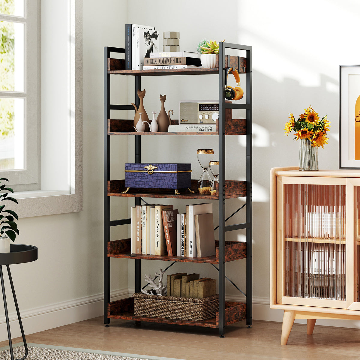 5-Tier Bookshelf with 4 Hooks Industrial Storage Bookcase-Rustic Brown-Bookcases-DECOROLALA