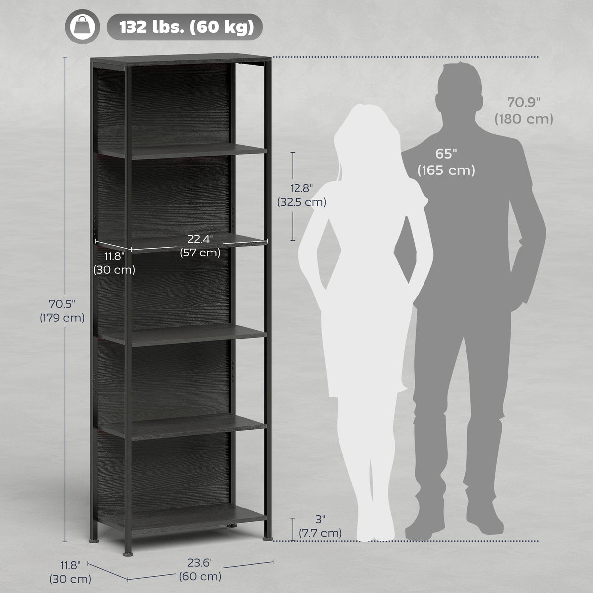 5-Tier Bookshelf with 7-Color LED Lights - Black Industrial-Home Furnishings > Storage & Organization > Bookshelves & Bookcases > Display Bookshelves-DECOROLALA