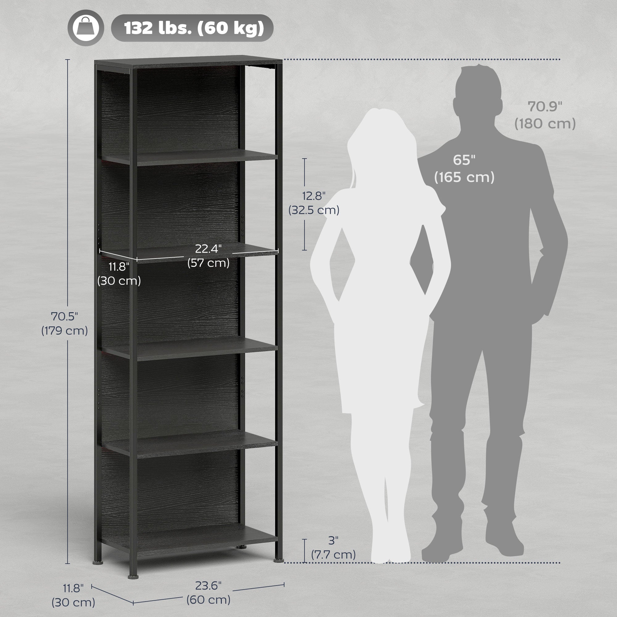 5-Tier Bookshelf with 7-Color LED Lights - Black Industrial-Home Furnishings > Storage & Organization > Bookshelves & Bookcases > Display Bookshelves-DECOROLALA