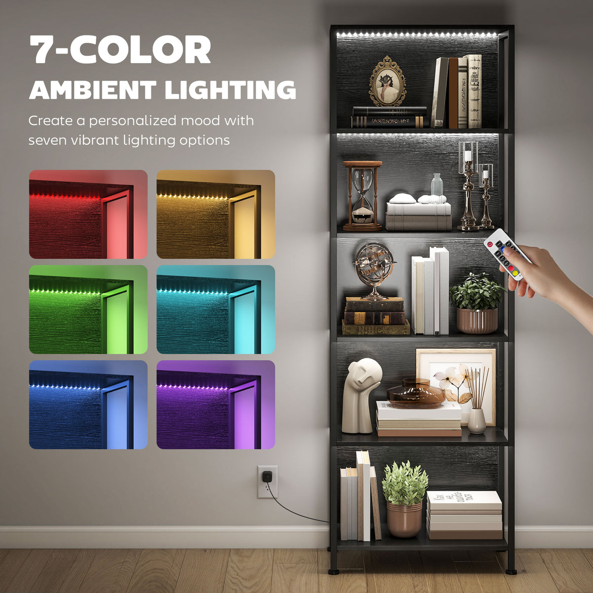 5-Tier Bookshelf with 7-Color LED Lights - Black Industrial-Home Furnishings > Storage & Organization > Bookshelves & Bookcases > Display Bookshelves-DECOROLALA