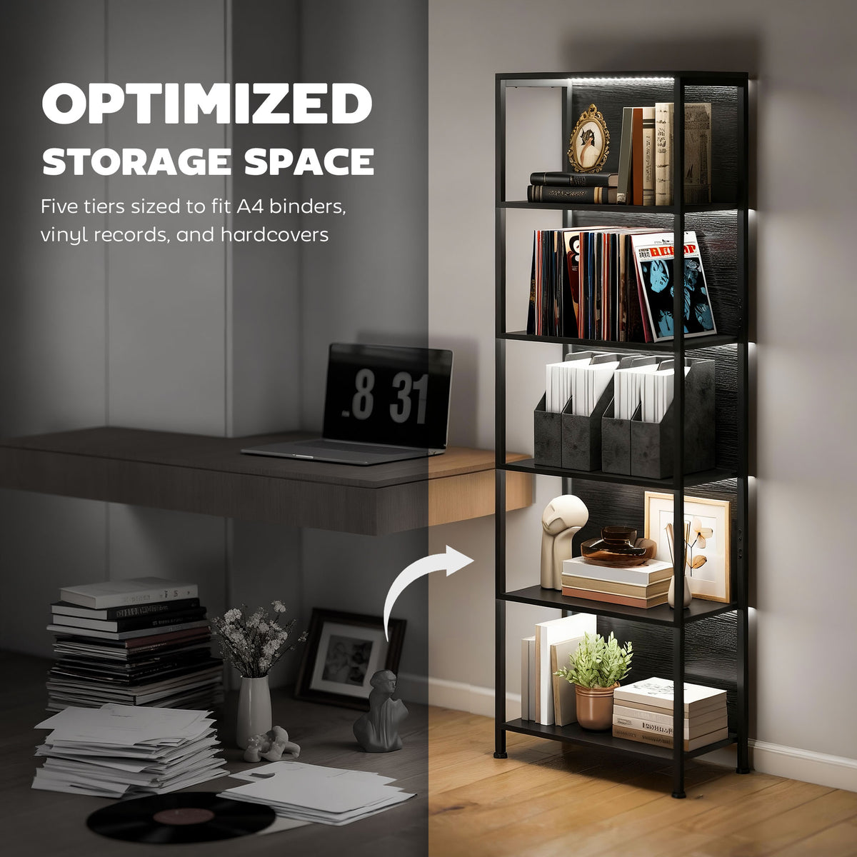 5-Tier Bookshelf with 7-Color LED Lights - Black Industrial-Home Furnishings > Storage & Organization > Bookshelves & Bookcases > Display Bookshelves-DECOROLALA