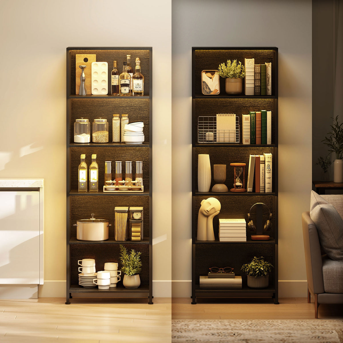 5-Tier Bookshelf with 7-Color LED Lights - Black Industrial-Home Furnishings > Storage & Organization > Bookshelves & Bookcases > Display Bookshelves-DECOROLALA