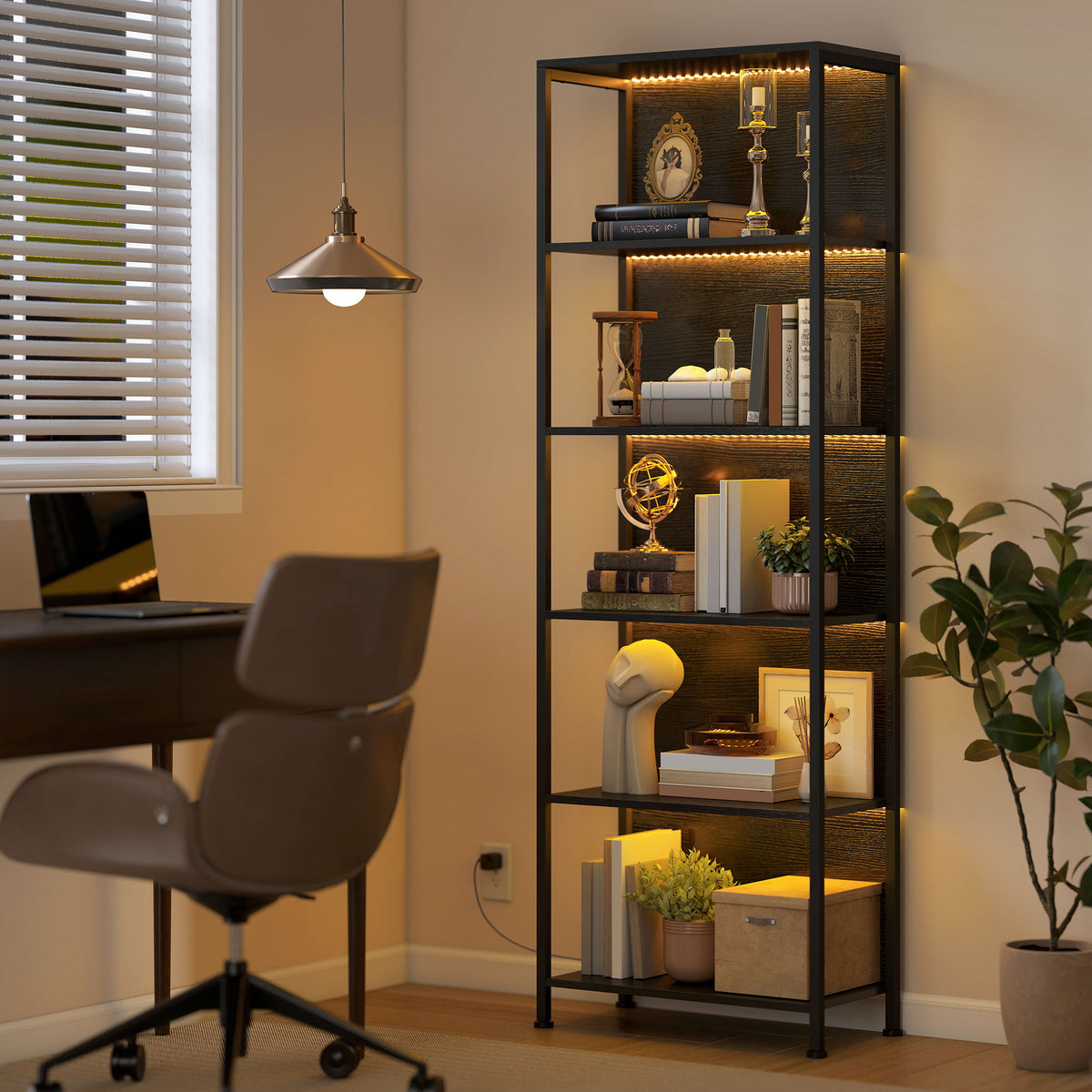 5-Tier Bookshelf with 7-Color LED Lights - Black Industrial-Home Furnishings > Storage & Organization > Bookshelves & Bookcases > Display Bookshelves-DECOROLALA