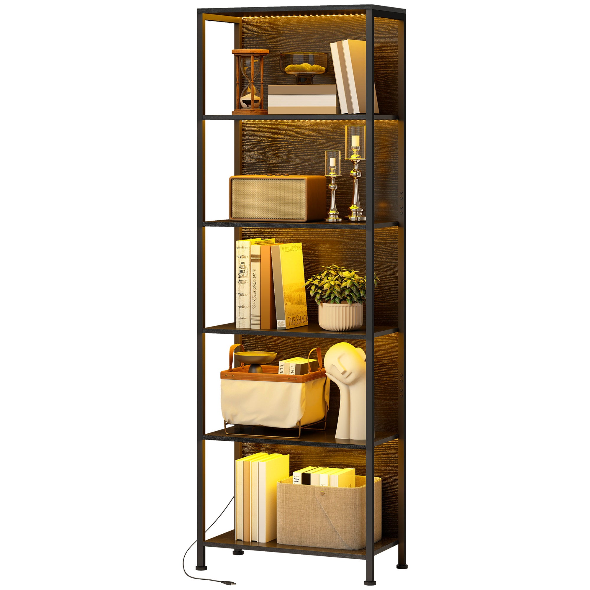 5-Tier Bookshelf with 7-Color LED Lights - Black Industrial-Home Furnishings > Storage & Organization > Bookshelves & Bookcases > Display Bookshelves-DECOROLALA