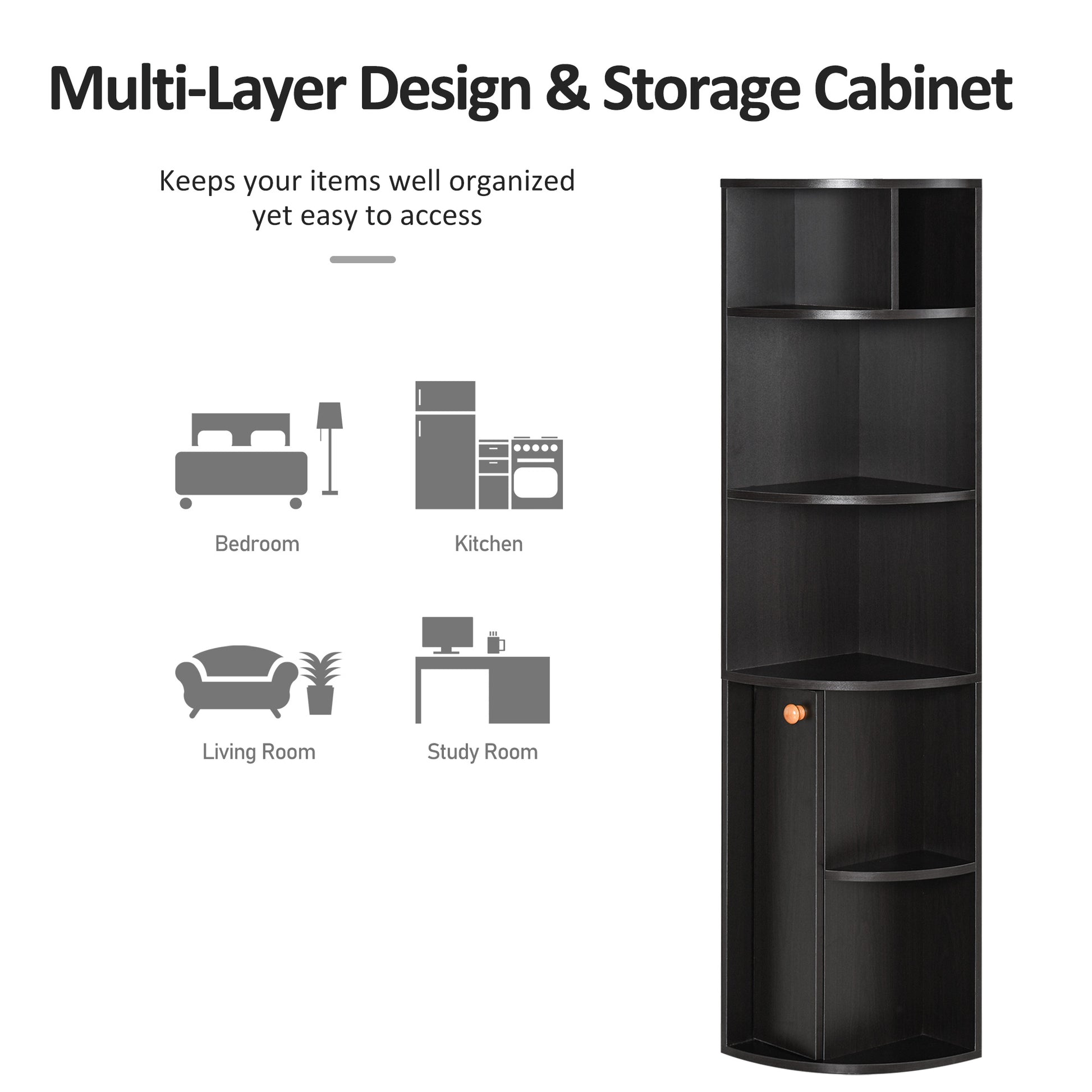 5-Tier Corner Bookcase, Storage Bookshelf, Freestanding Display Shelves with Open Compartments and Cabinet for Home Office, Living Room, Study, Black-Home Furnishings > Storage & Organization > Bookshelves & Bookcases > Bookcases With Doors-DECOROLALA
