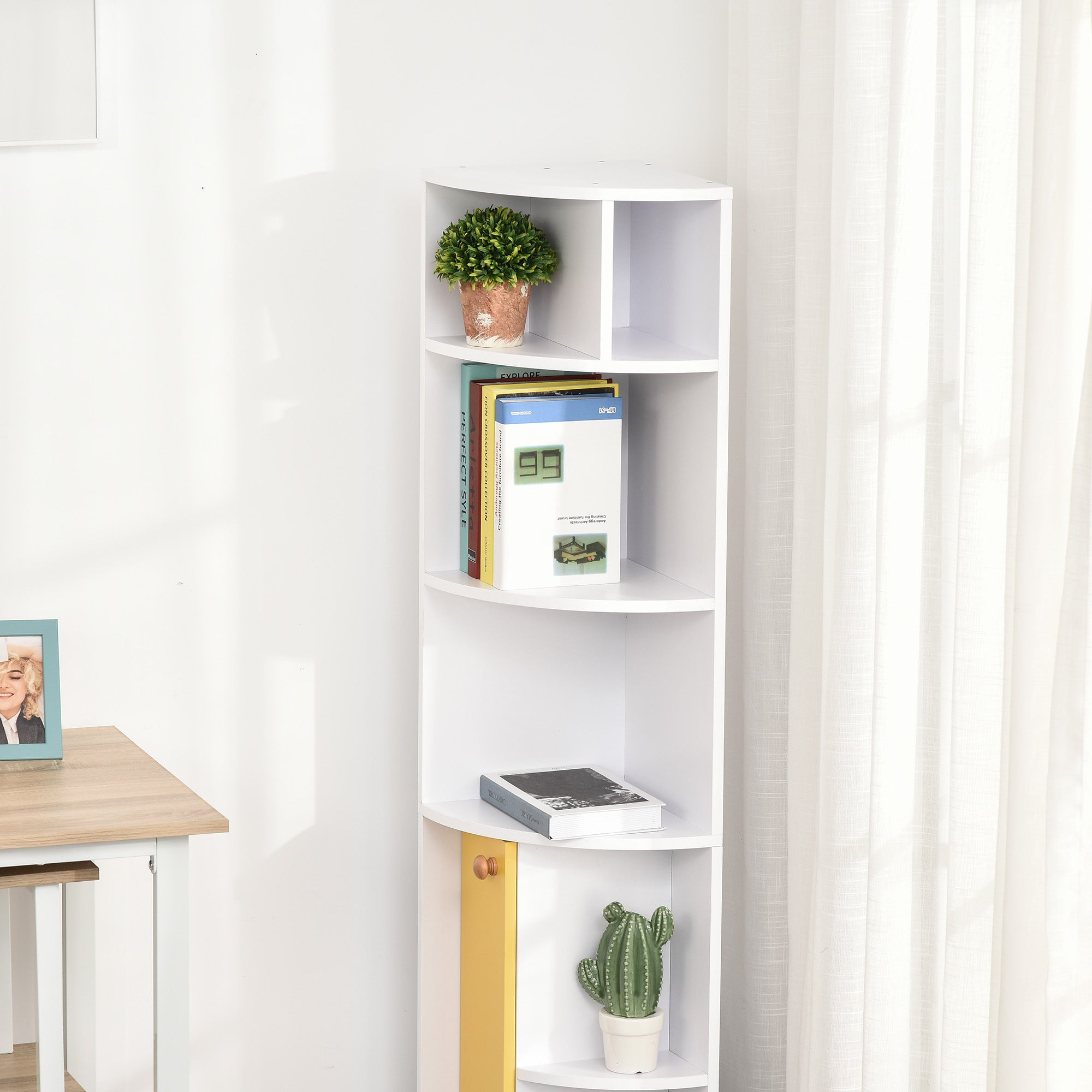 5-Tier Corner Bookcase, Storage Bookshelf, Freestanding Display Shelves with Open Compartments and Cabinet for Home Office, Living Room, Study, White-Home Furnishings > Storage & Organization > Bookshelves & Bookcases > White Bookshelves-DECOROLALA