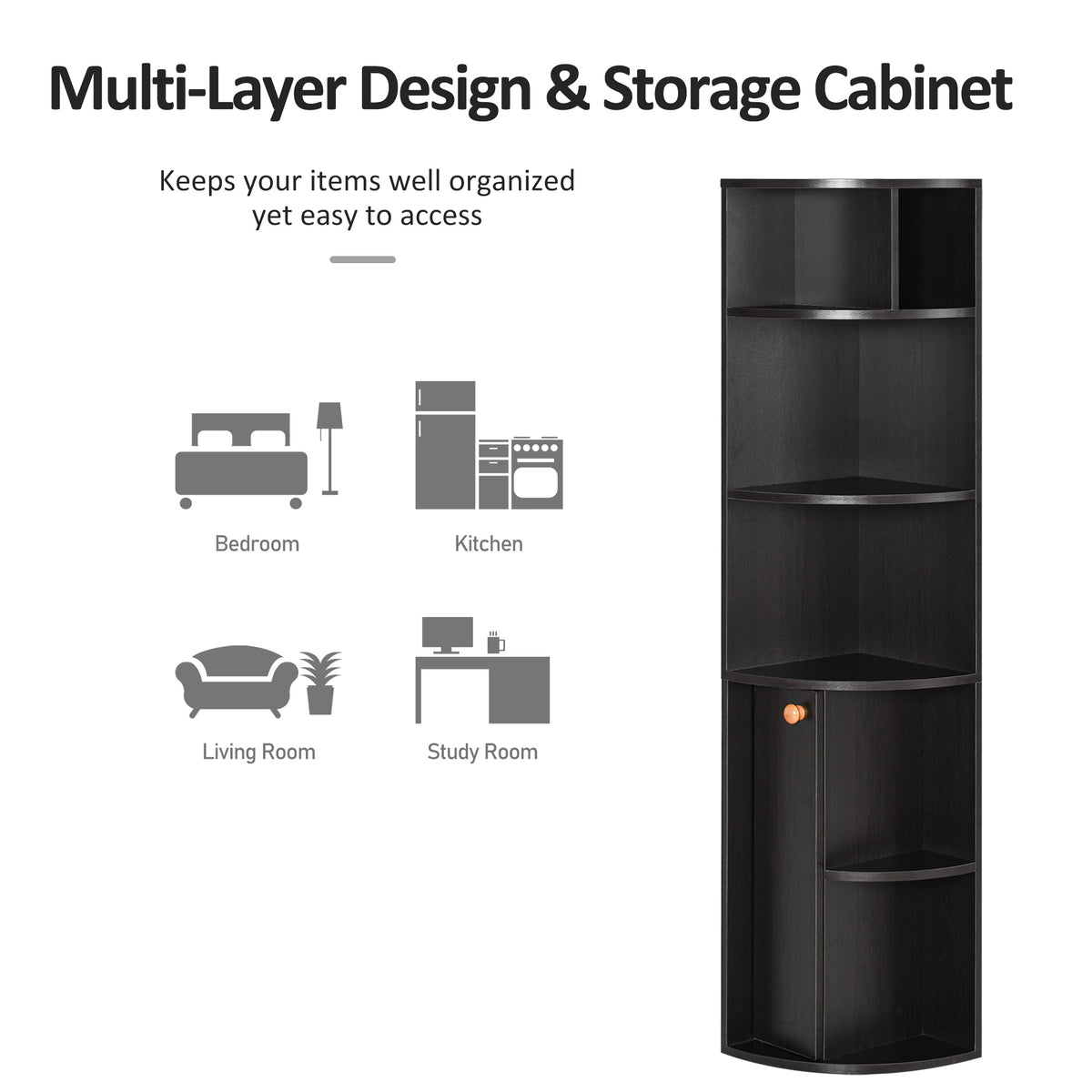 5-Tier Corner Bookcase with Cabinet - Black 58"-Home Furnishings > Storage & Organization > Bookshelves & Bookcases > Bookcases With Doors-DECOROLALA