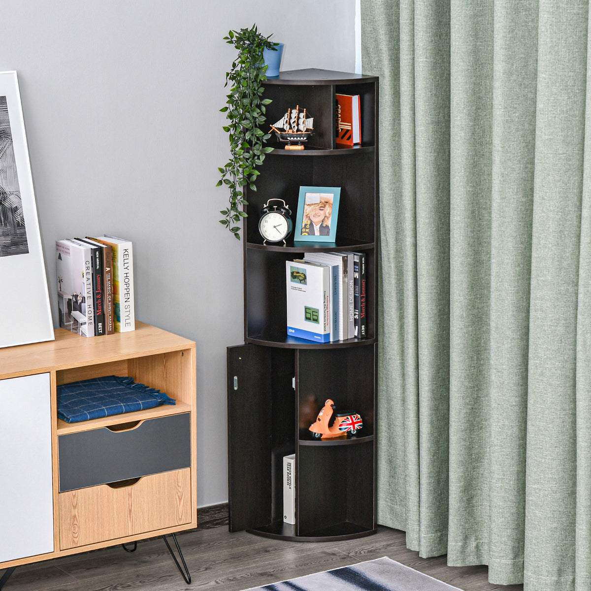 5-Tier Corner Bookcase with Cabinet - Black 58"-Home Furnishings > Storage & Organization > Bookshelves & Bookcases > Bookcases With Doors-DECOROLALA