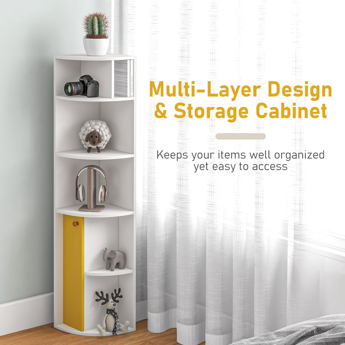 5-Tier Corner Bookcase with Cabinet - White 58" H-Home Furnishings > Storage & Organization > Bookshelves & Bookcases > White Bookshelves-DECOROLALA
