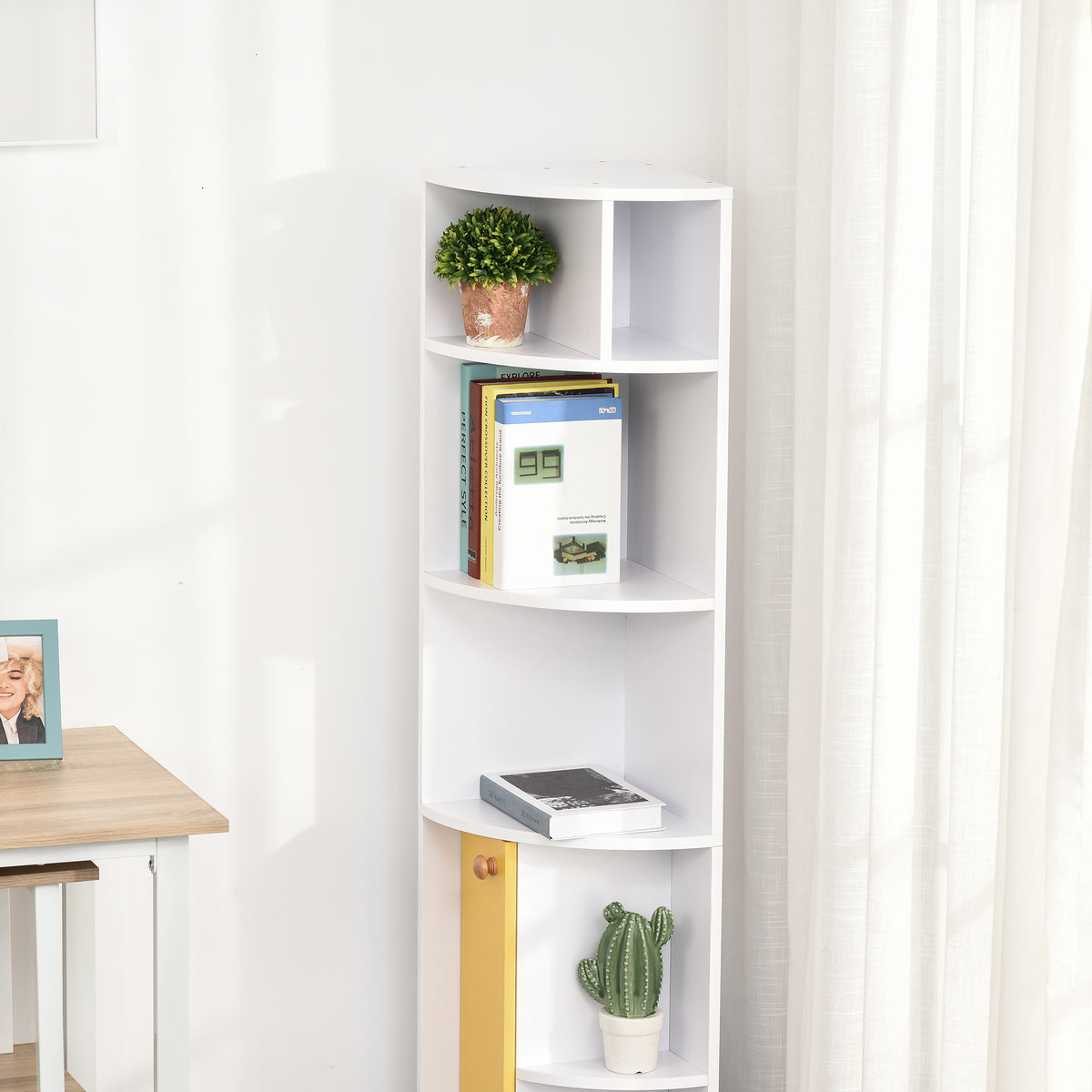 5-Tier Corner Bookcase with Cabinet - White 58" H-Home Furnishings > Storage & Organization > Bookshelves & Bookcases > White Bookshelves-DECOROLALA