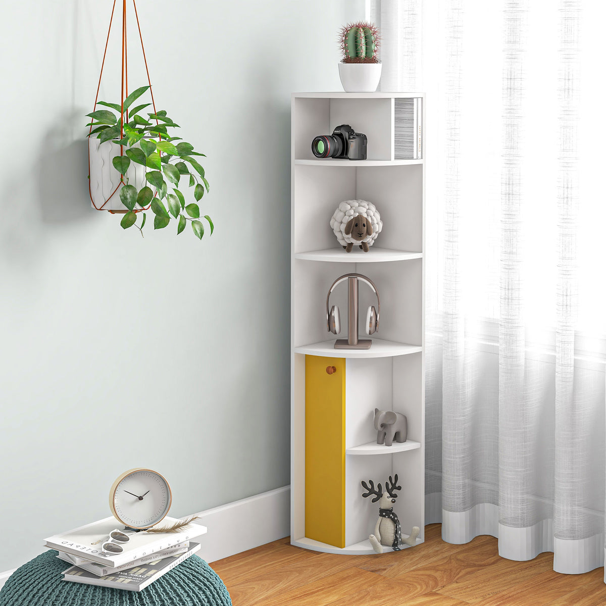 5-Tier Corner Bookcase with Cabinet - White 58" H-Home Furnishings > Storage & Organization > Bookshelves & Bookcases > White Bookshelves-DECOROLALA