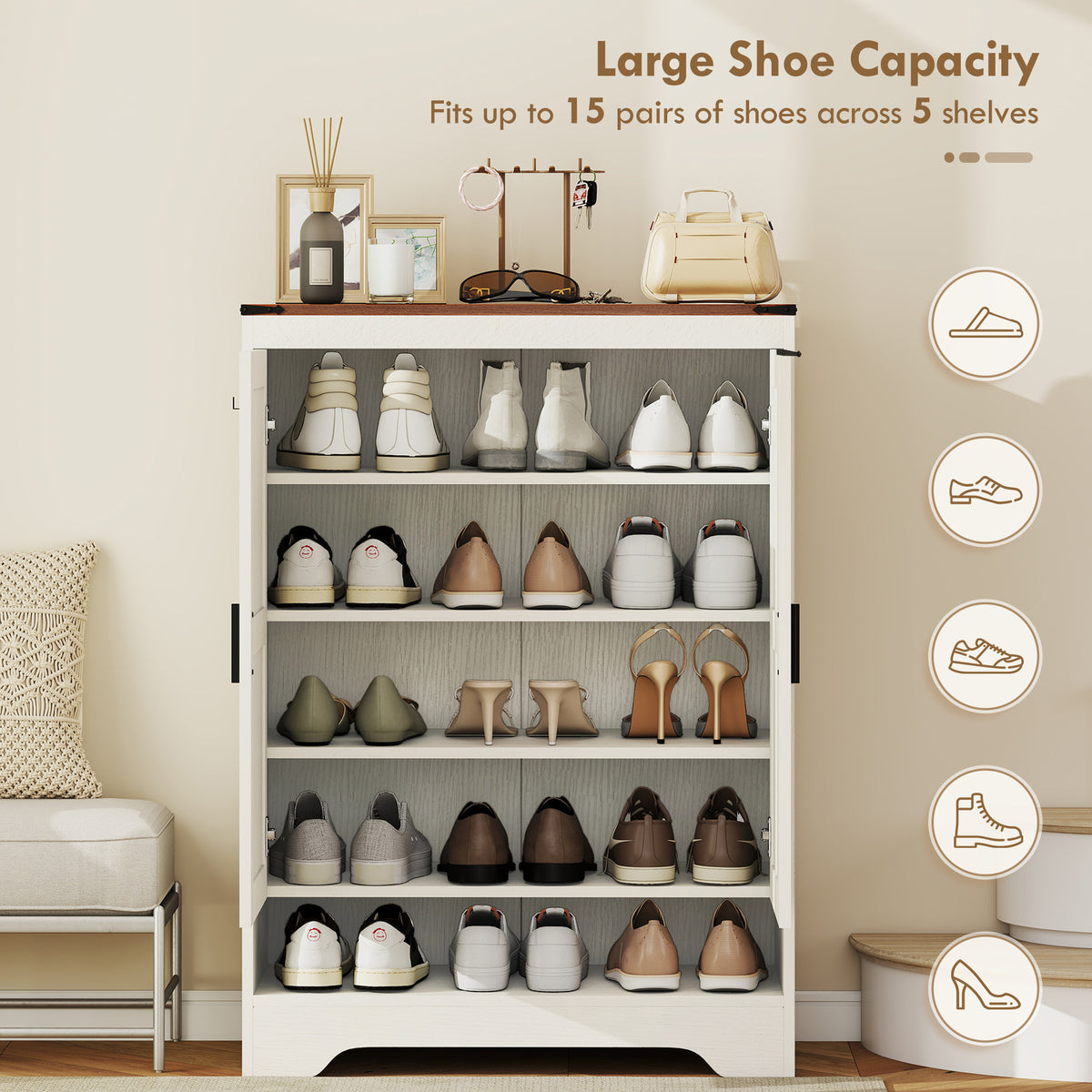 5-Tier Farmhouse Shoe Storage Cabinet - White/Brown-Home Furnishings > Storage & Organization > Shoe Storage Cabinets & Racks-DECOROLALA
