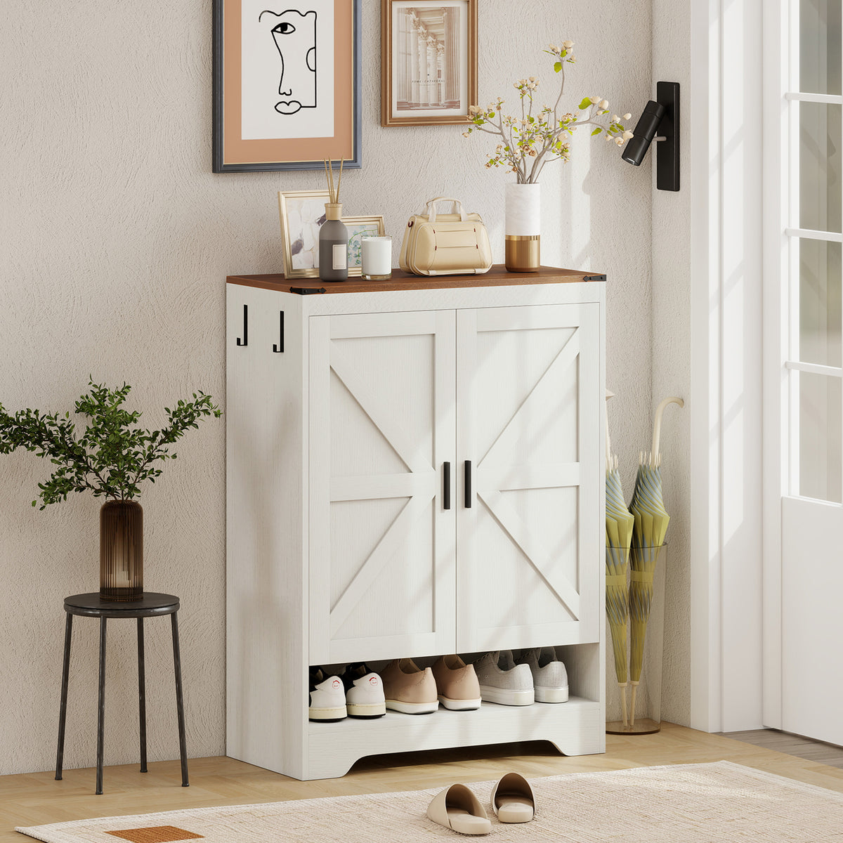 5-Tier Farmhouse Shoe Storage Cabinet - White/Brown-Home Furnishings > Storage & Organization > Shoe Storage Cabinets & Racks-DECOROLALA