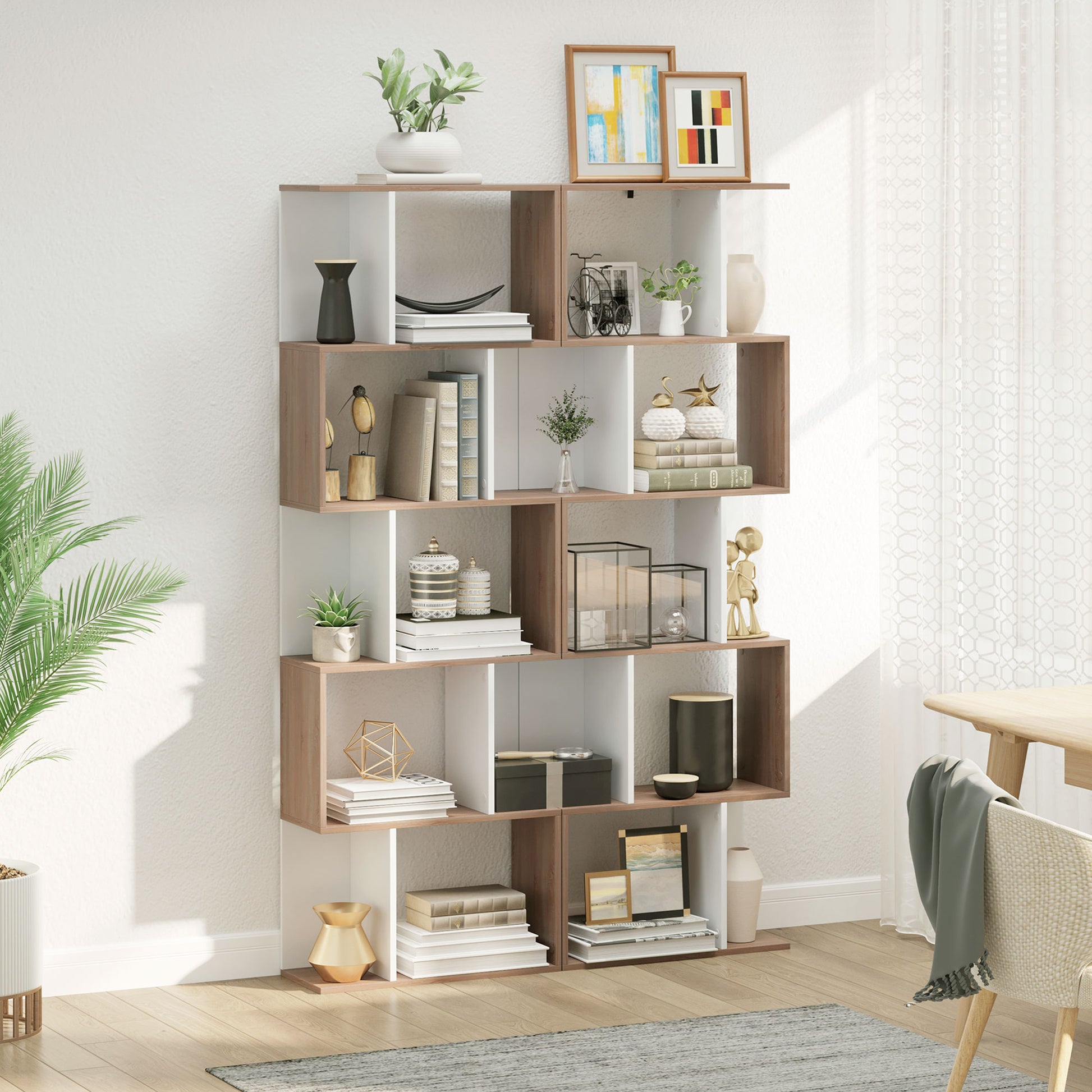 5-Tier Geometric Bookcase Display Shelf Storage Shelf Modern Room Divider Living Room Home Office Furniture, White-Home Furnishings > Storage & Organization > Bookshelves & Bookcases > Display Bookshelves-DECOROLALA
