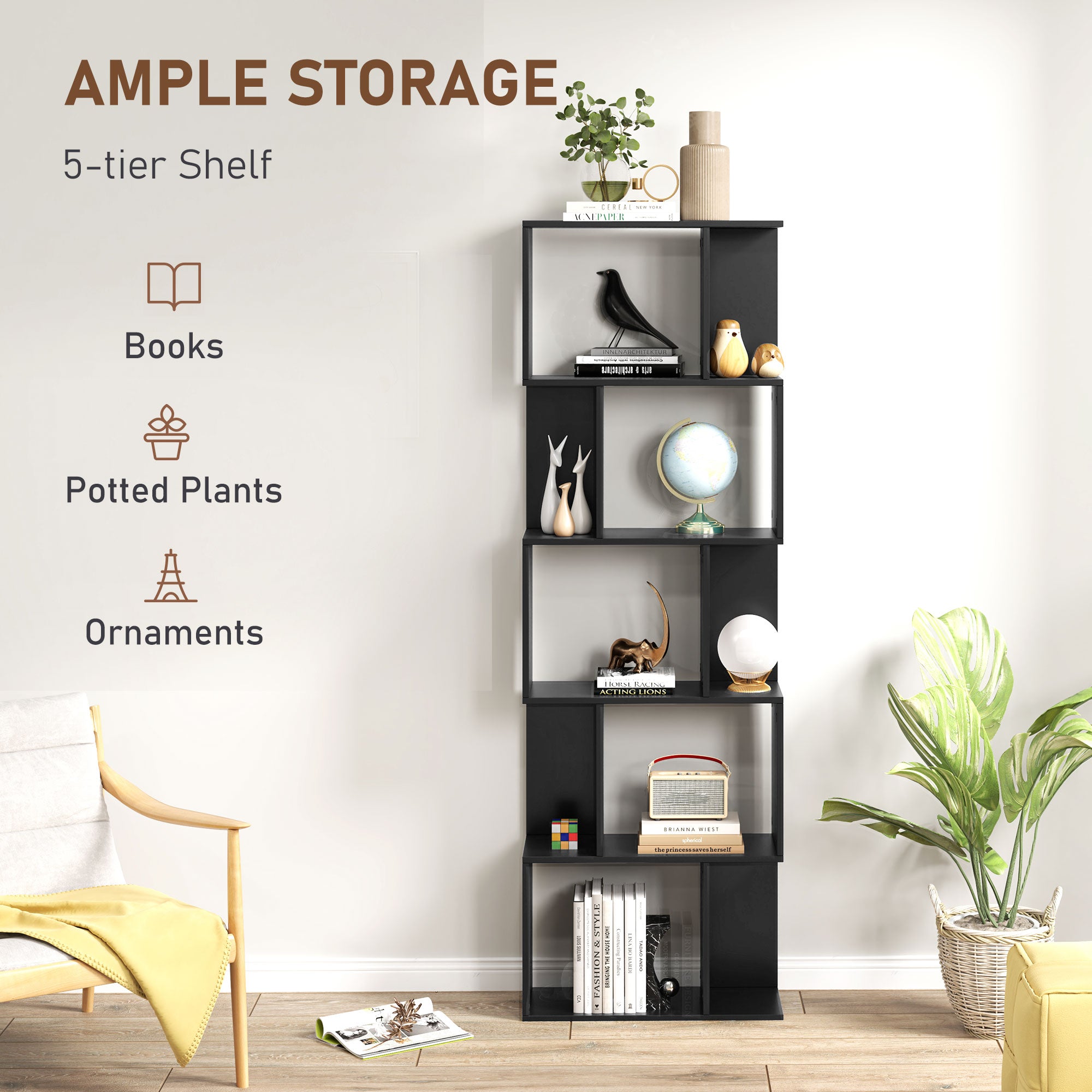 5-Tier Geometric Bookshelf, S Shaped Bookcase, Modern Freestanding Display Shelf Unit for Home Office, Black-Home Furnishings > Storage & Organization > Bookshelves & Bookcases > Display Bookshelves-DECOROLALA