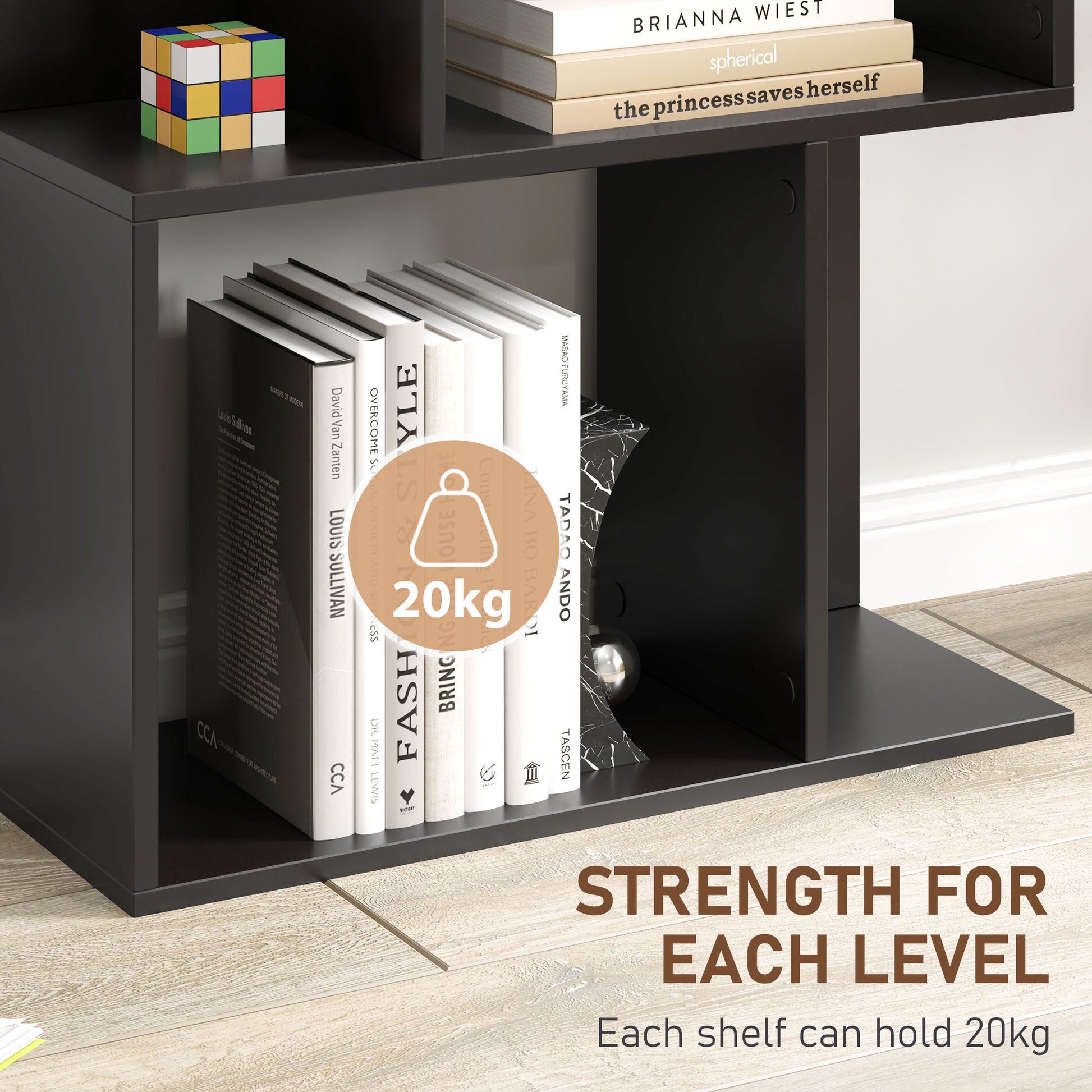 5-Tier Geometric Bookshelf, S Shaped Bookcase, Modern Freestanding Display Shelf Unit for Home Office, Black-Home Furnishings > Storage & Organization > Bookshelves & Bookcases > Display Bookshelves-DECOROLALA