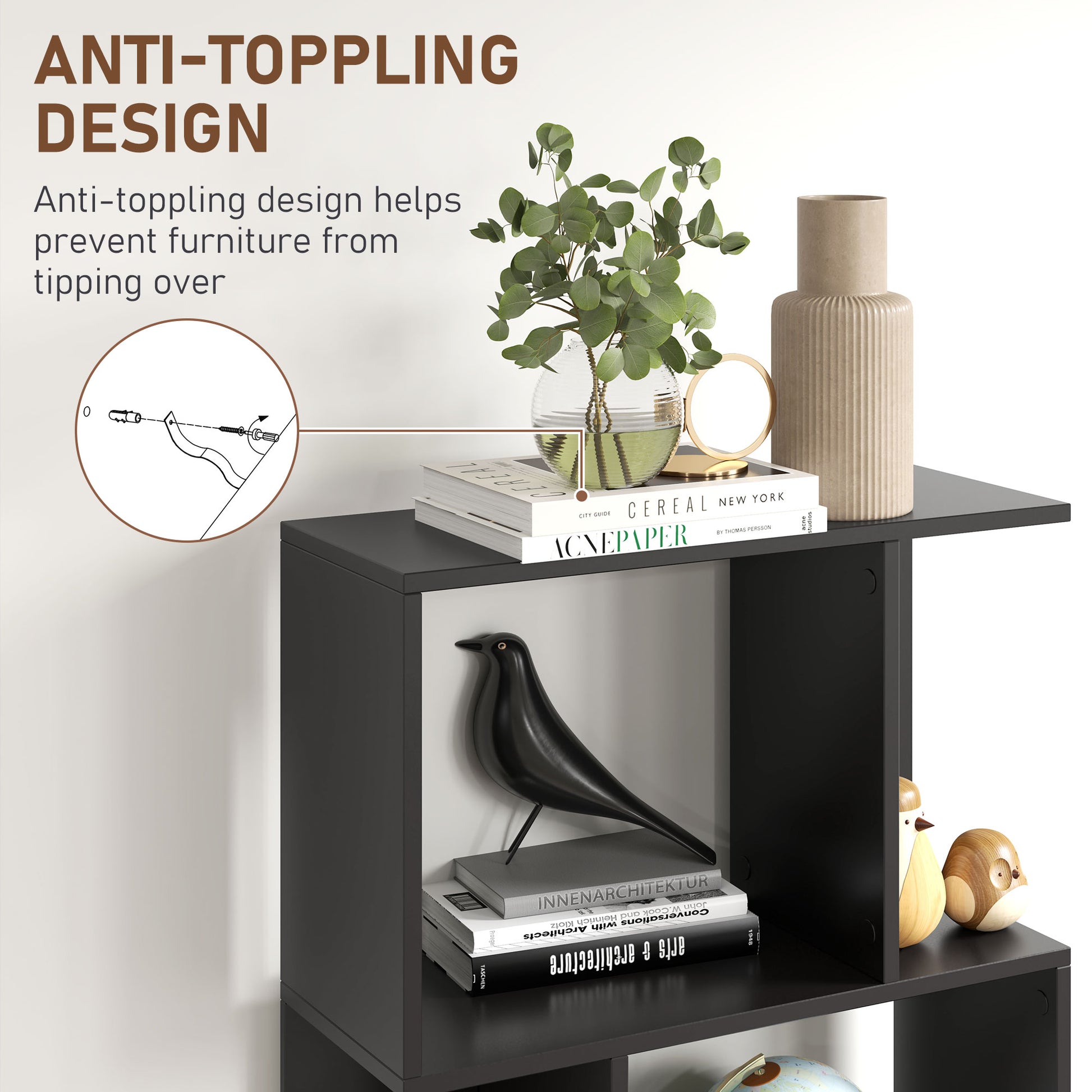 5-Tier Geometric Bookshelf, S Shaped Bookcase, Modern Freestanding Display Shelf Unit for Home Office, Black-Home Furnishings > Storage & Organization > Bookshelves & Bookcases > Display Bookshelves-DECOROLALA