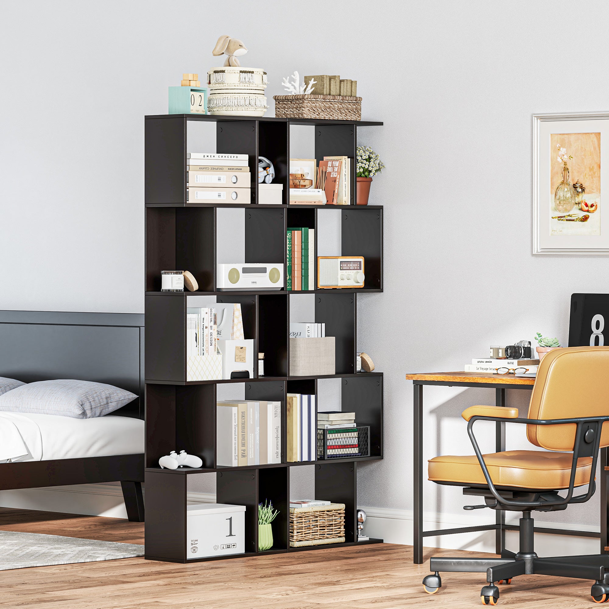 5-Tier Geometric Bookshelf, S Shaped Bookcase, Modern Freestanding Display Shelf Unit for Home Office, Black-Home Furnishings > Storage & Organization > Bookshelves & Bookcases > Display Bookshelves-DECOROLALA