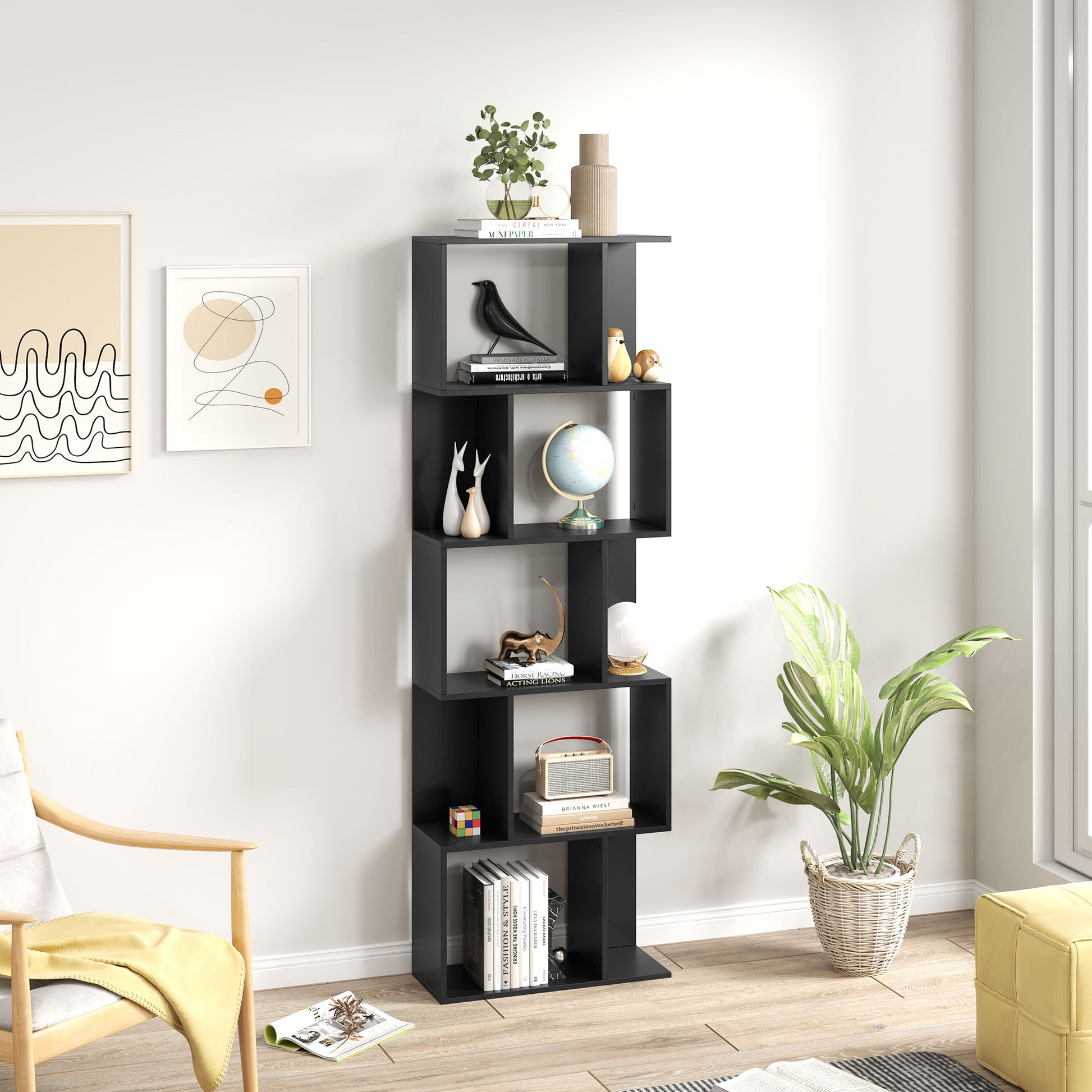 5-Tier Geometric Bookshelf, S Shaped Bookcase, Modern Freestanding Display Shelf Unit for Home Office, Black-Home Furnishings > Storage & Organization > Bookshelves & Bookcases > Display Bookshelves-DECOROLALA