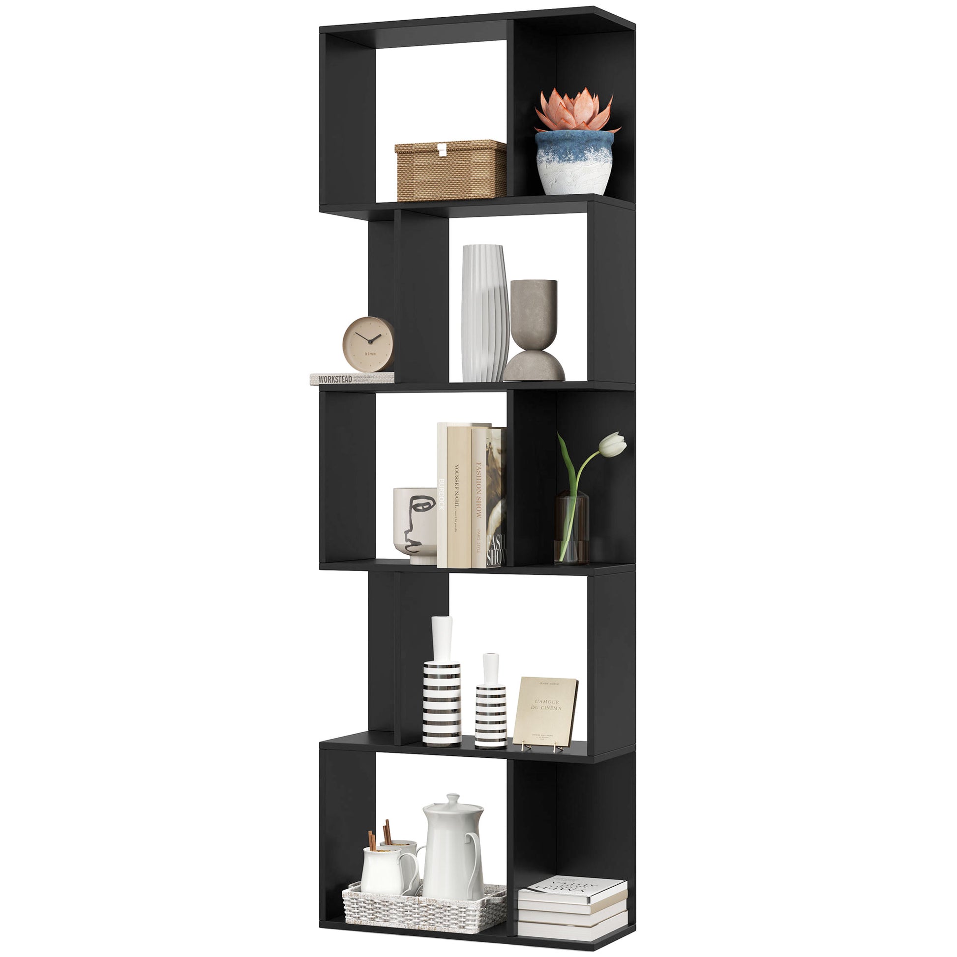 5-Tier Geometric Bookshelf, S Shaped Bookcase, Modern Freestanding Display Shelf Unit for Home Office, Black-Home Furnishings > Storage & Organization > Bookshelves & Bookcases > Display Bookshelves-DECOROLALA