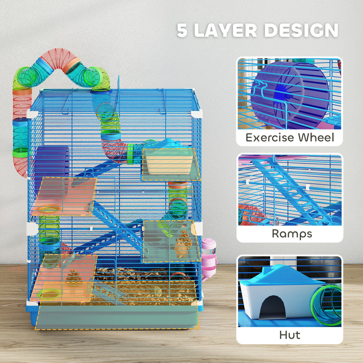 5-Tier Hamster Cage with Exercise Wheel and Tubes - Dark Blue-Small Animals-DECOROLALA