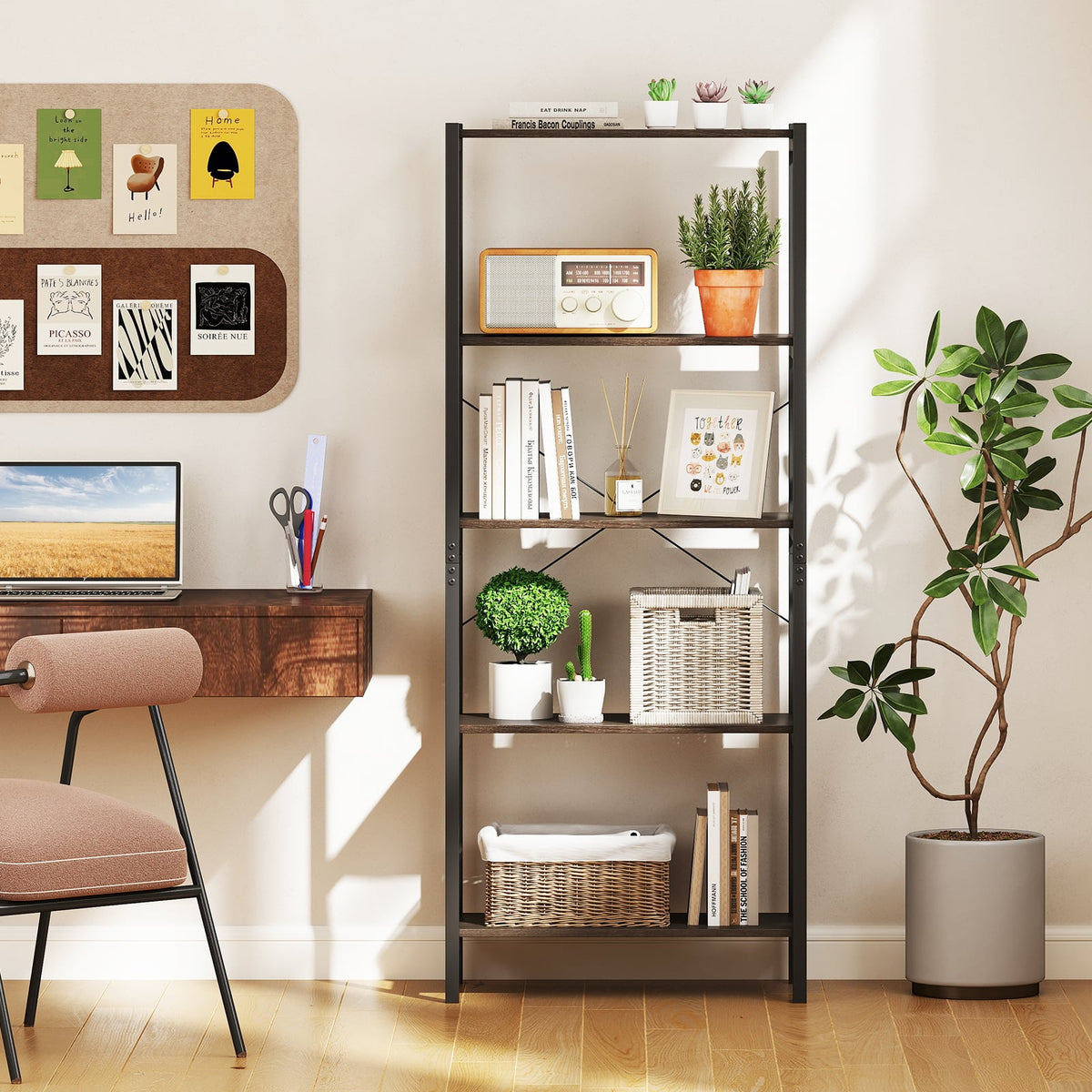 5-Tier Industrial Bookshelf Display Storage Rack with Metal Frame-Gray-Bookcases-DECOROLALA