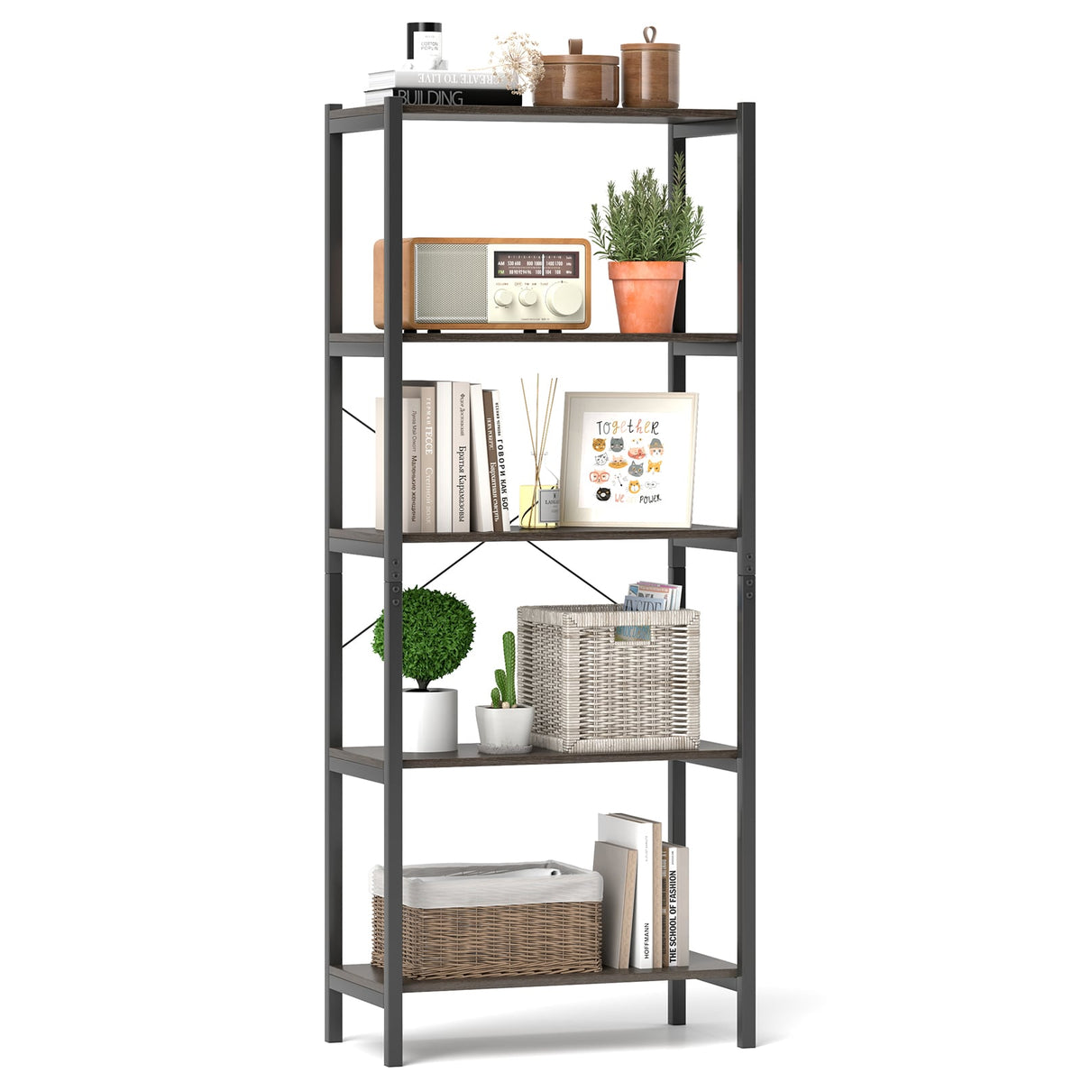 5-Tier Industrial Bookshelf Display Storage Rack with Metal Frame-Gray-Bookcases-DECOROLALA