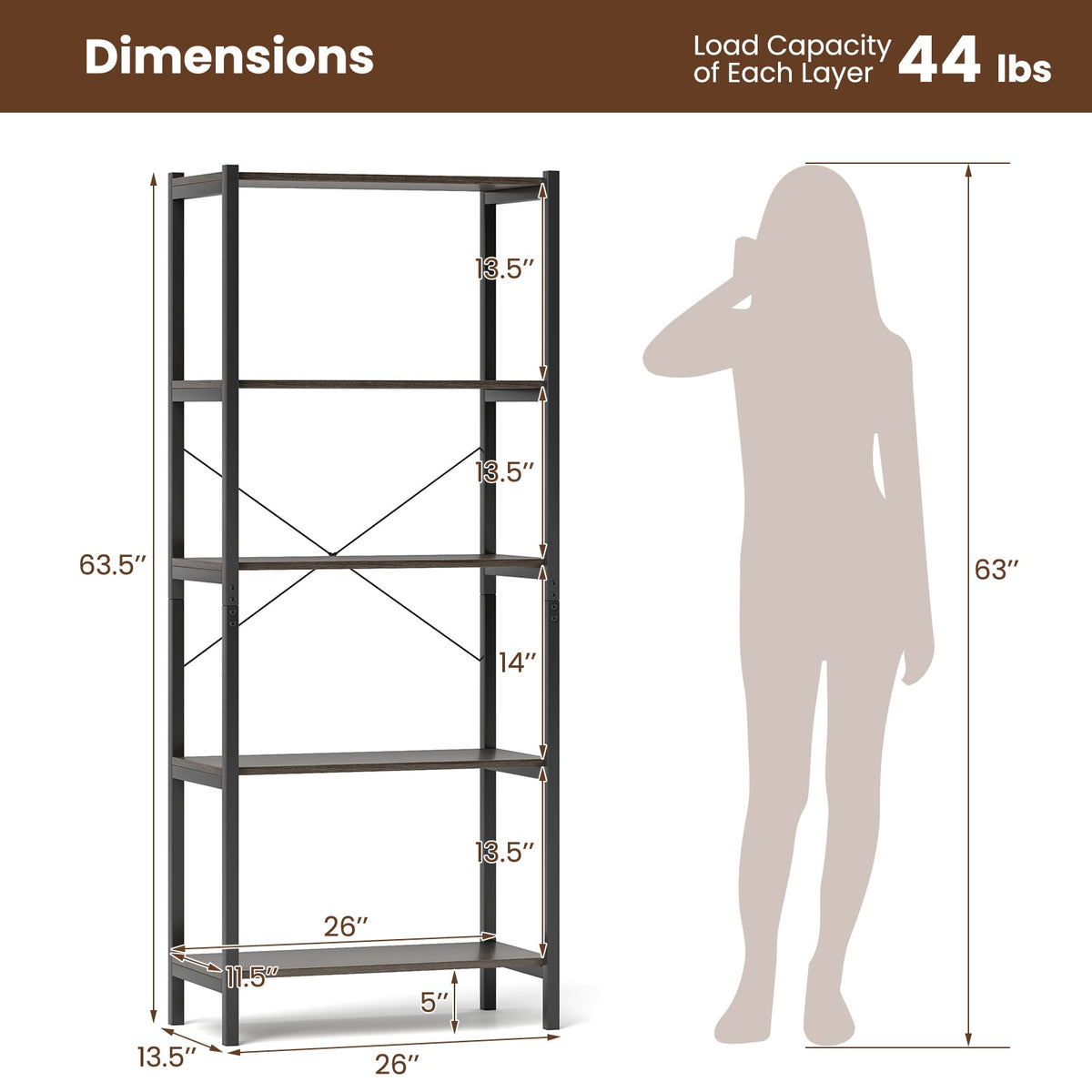 5-Tier Industrial Bookshelf Display Storage Rack with Metal Frame-Gray-Bookcases-DECOROLALA