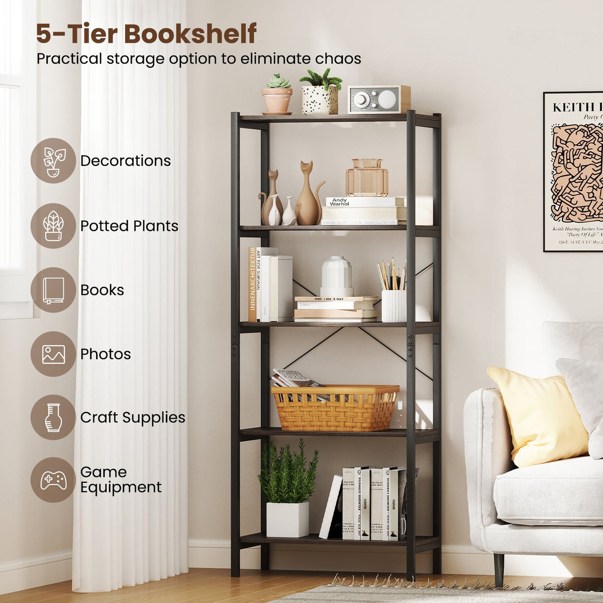 5-Tier Industrial Bookshelf Display Storage Rack with Metal Frame-Gray-Bookcases-DECOROLALA