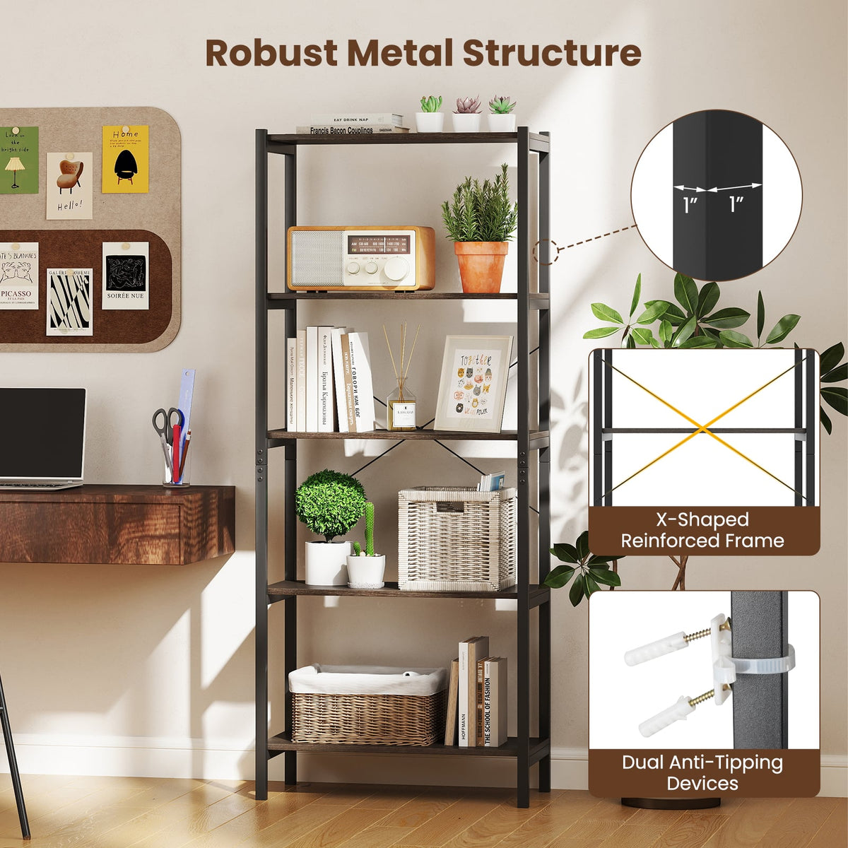 5-Tier Industrial Bookshelf Display Storage Rack with Metal Frame-Gray-Bookcases-DECOROLALA