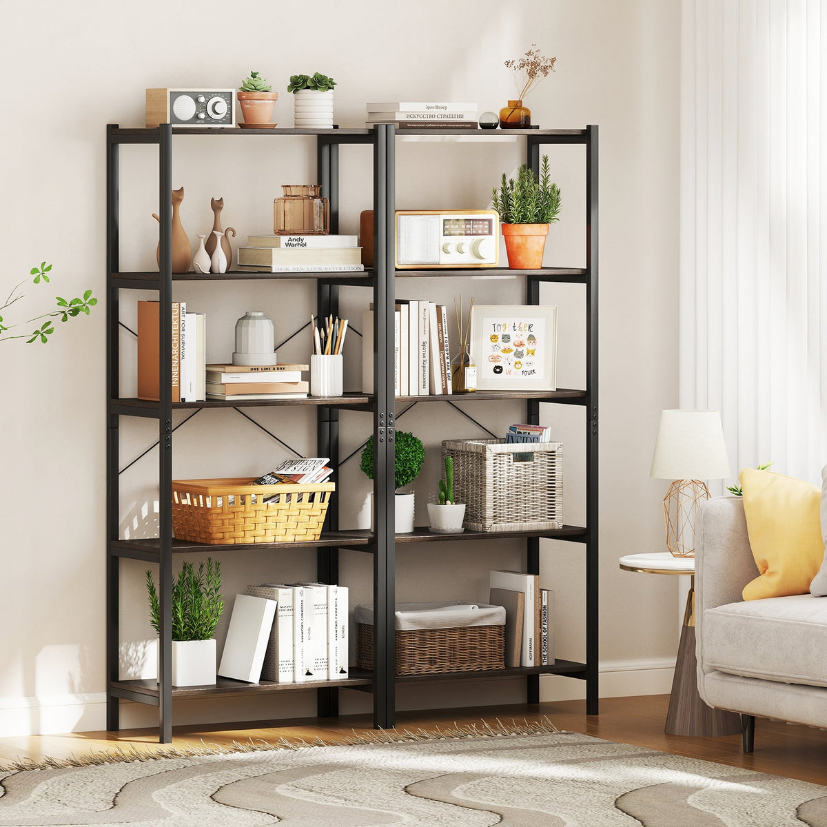 5-Tier Industrial Bookshelf Display Storage Rack with Metal Frame-Gray-Bookcases-DECOROLALA