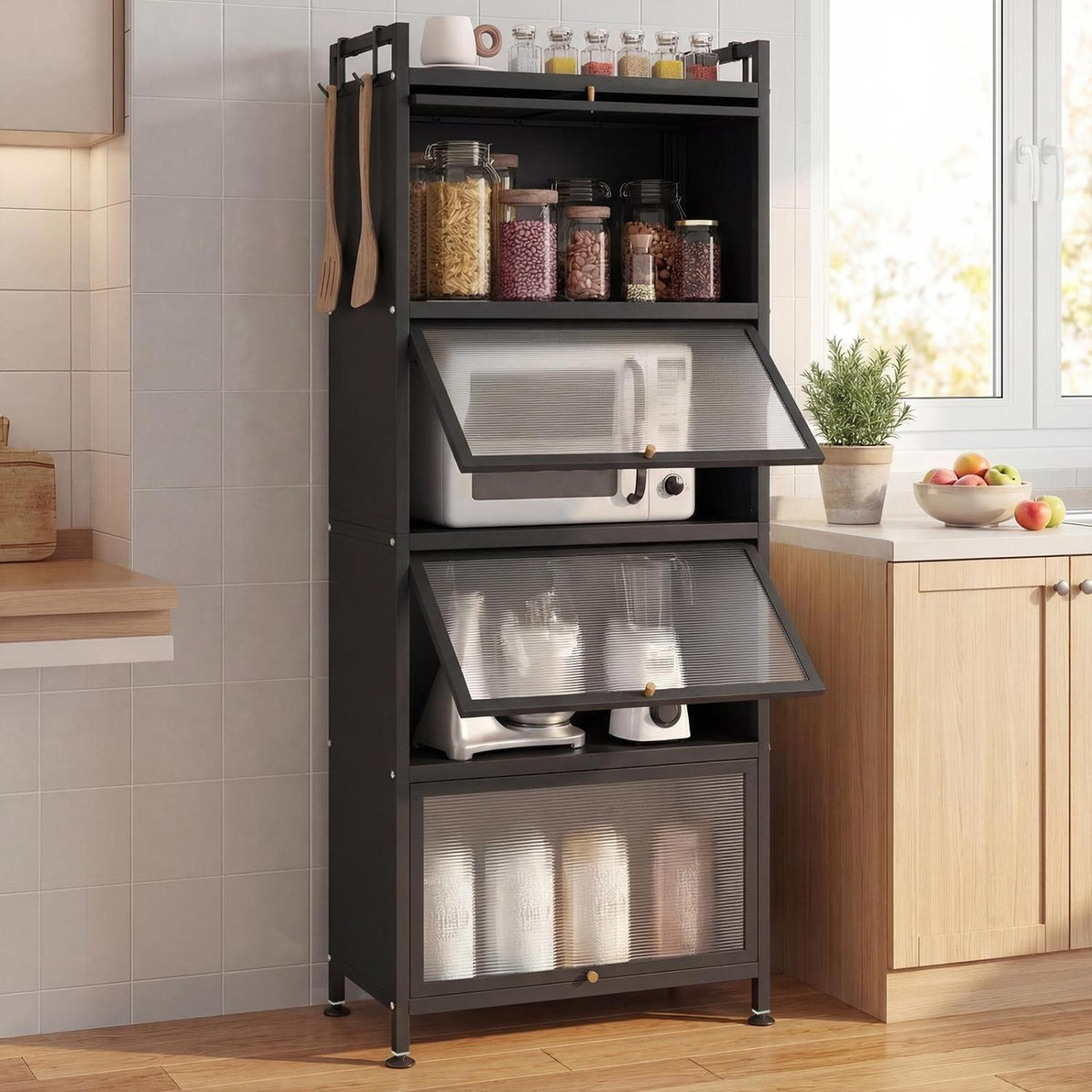 5-Tier Kitchen Baker's Rack with Flip-up PC Doors-Black-Baker’s Racks-DECOROLALA