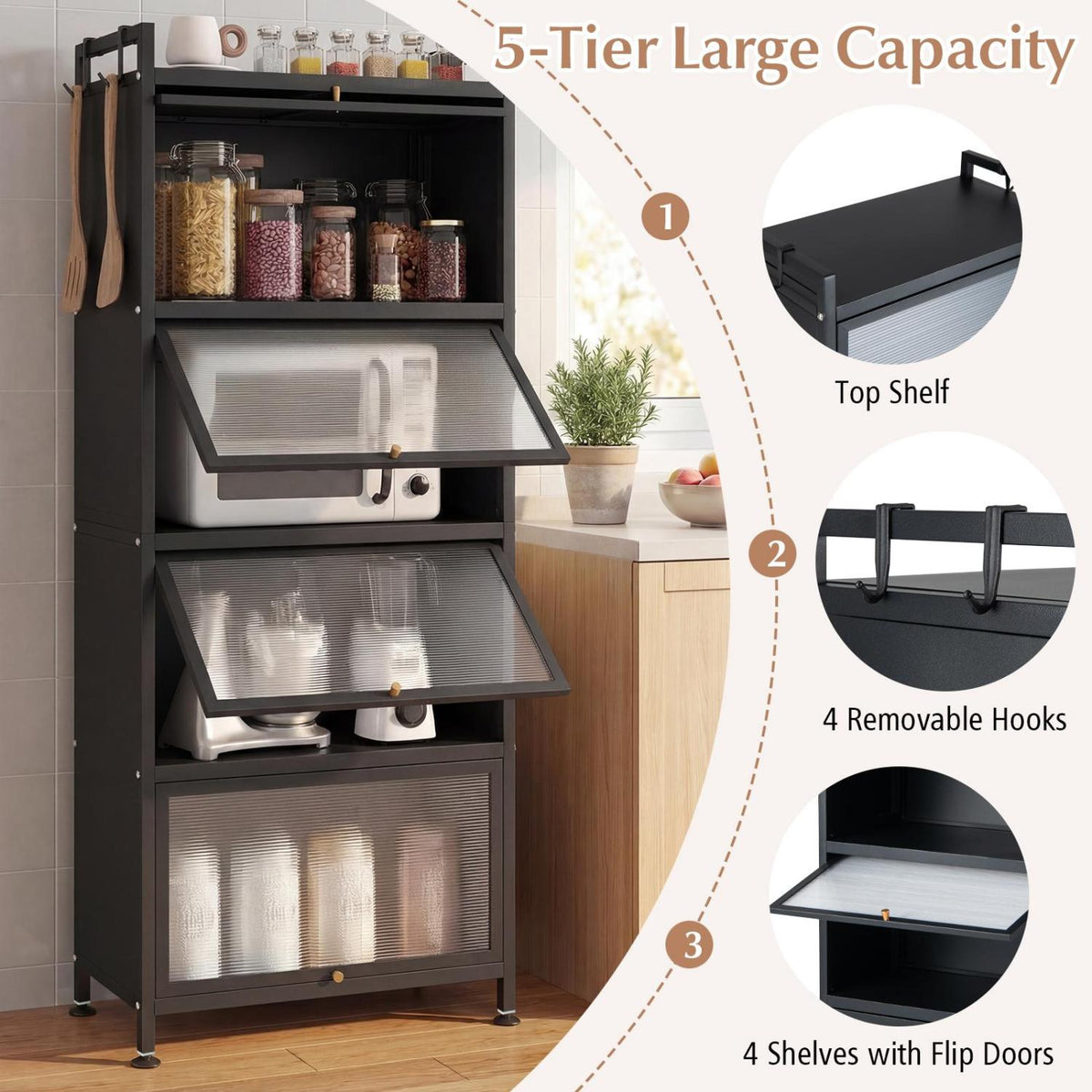 5-Tier Kitchen Baker's Rack with Flip-up PC Doors-Black-Baker’s Racks-DECOROLALA