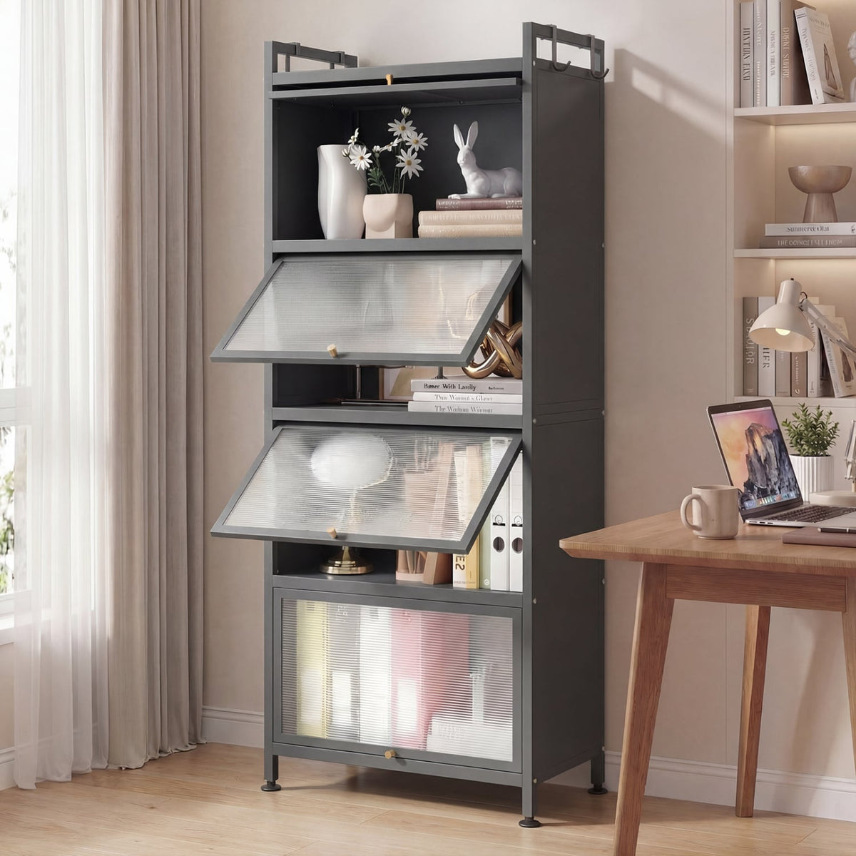 5-Tier Kitchen Baker's Rack with Flip-up PC Doors-Gray-Baker’s Racks-DECOROLALA