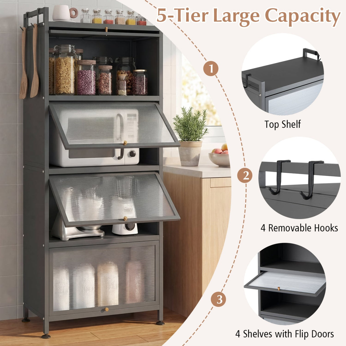 5-Tier Kitchen Baker's Rack with Flip-up PC Doors-Gray-Baker’s Racks-DECOROLALA
