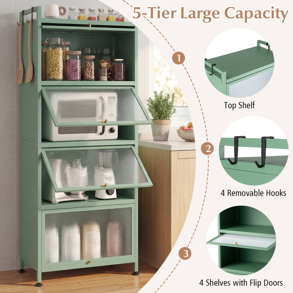 5-Tier Kitchen Baker's Rack with Flip-up PC Doors-Green-Baker’s Racks-DECOROLALA