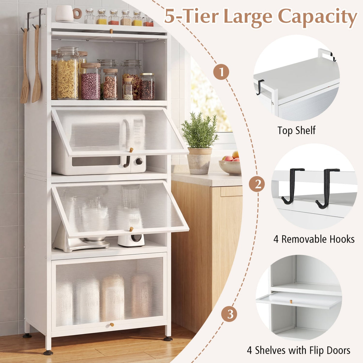 5-Tier Kitchen Baker's Rack with Flip-up PC Doors-White-Baker’s Racks-DECOROLALA