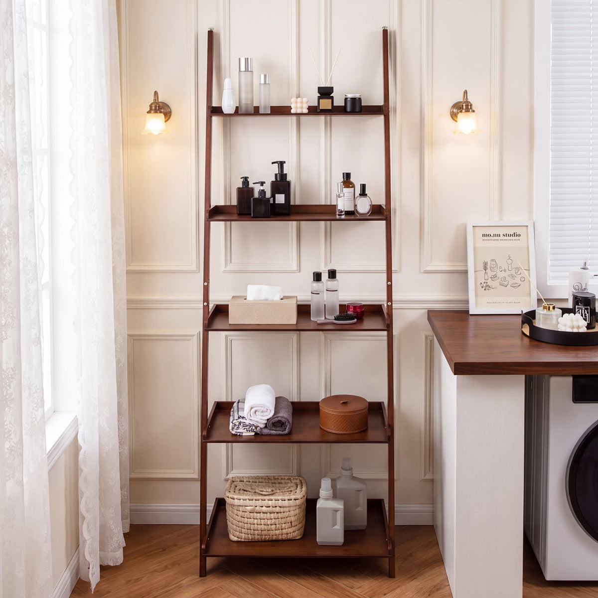 5-Tier Ladder Shelf Bamboo Bookshelf Wall-Leaning Storage Display Plant Stand-Walnut-Bookcases-DECOROLALA
