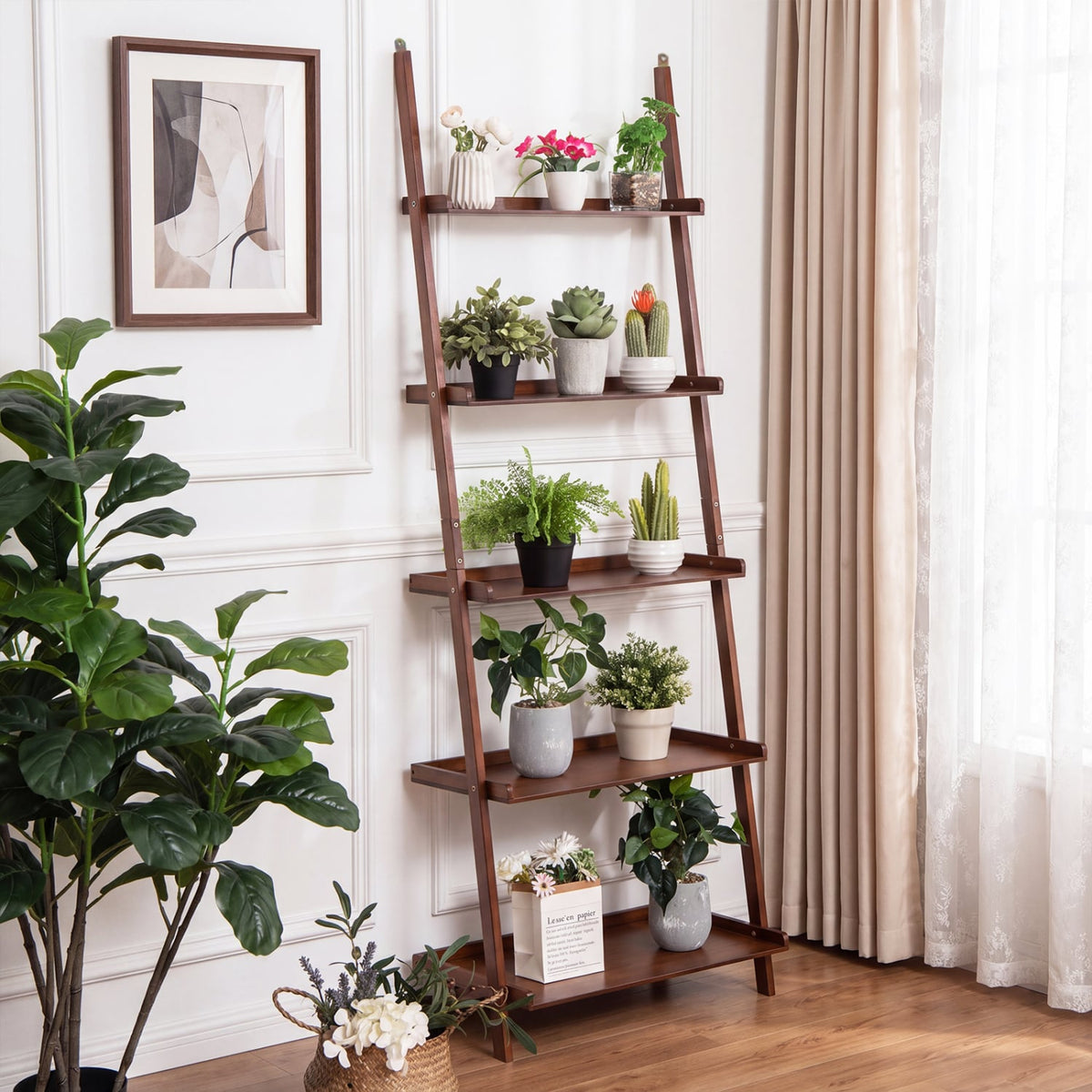 5-Tier Ladder Shelf Bamboo Bookshelf Wall-Leaning Storage Display Plant Stand-Walnut-Bookcases-DECOROLALA