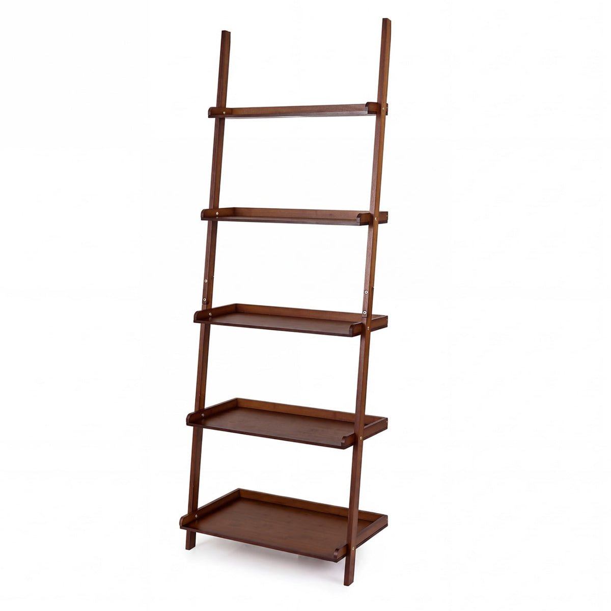 5-Tier Ladder Shelf Bamboo Bookshelf Wall-Leaning Storage Display Plant Stand-Walnut-Bookcases-DECOROLALA