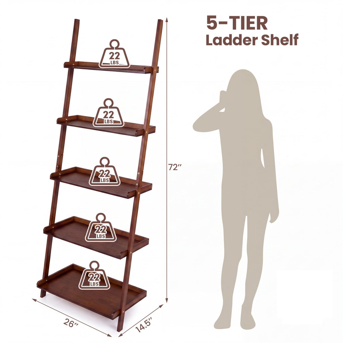 5-Tier Ladder Shelf Bamboo Bookshelf Wall-Leaning Storage Display Plant Stand-Walnut-Bookcases-DECOROLALA